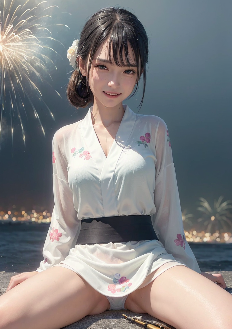花火と浜辺の夏祭り美少女 #美少女 #着物 #夜景