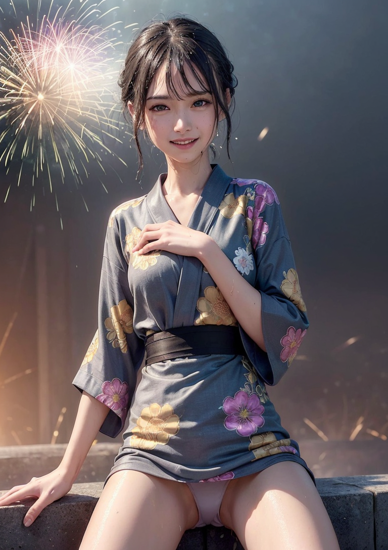 花火と夏祭り、紺の着物姿の笑顔ポートレート #美少女 #着物 #花火