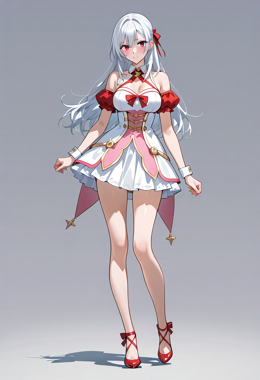 白髪に赤リボン、優雅なファンタジー衣装のアニメ美少女 #アニメ調 #ファッション #靴