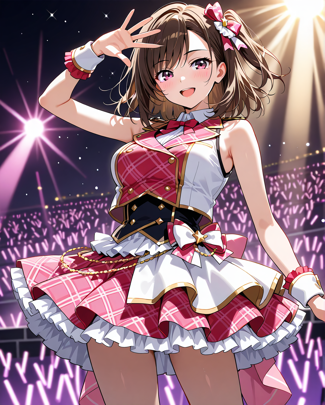 ステージの光に輝く、赤白チェック衣装の笑顔ポートレート #美少女 #アニメ調 #かわいい