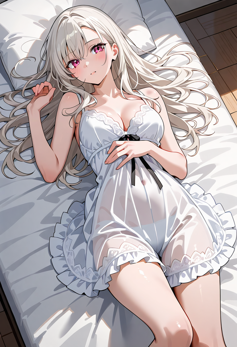 白髪ロングヘアの少女、ベッドでの優雅なポートレート #美少女 #アニメ調 #かわいい