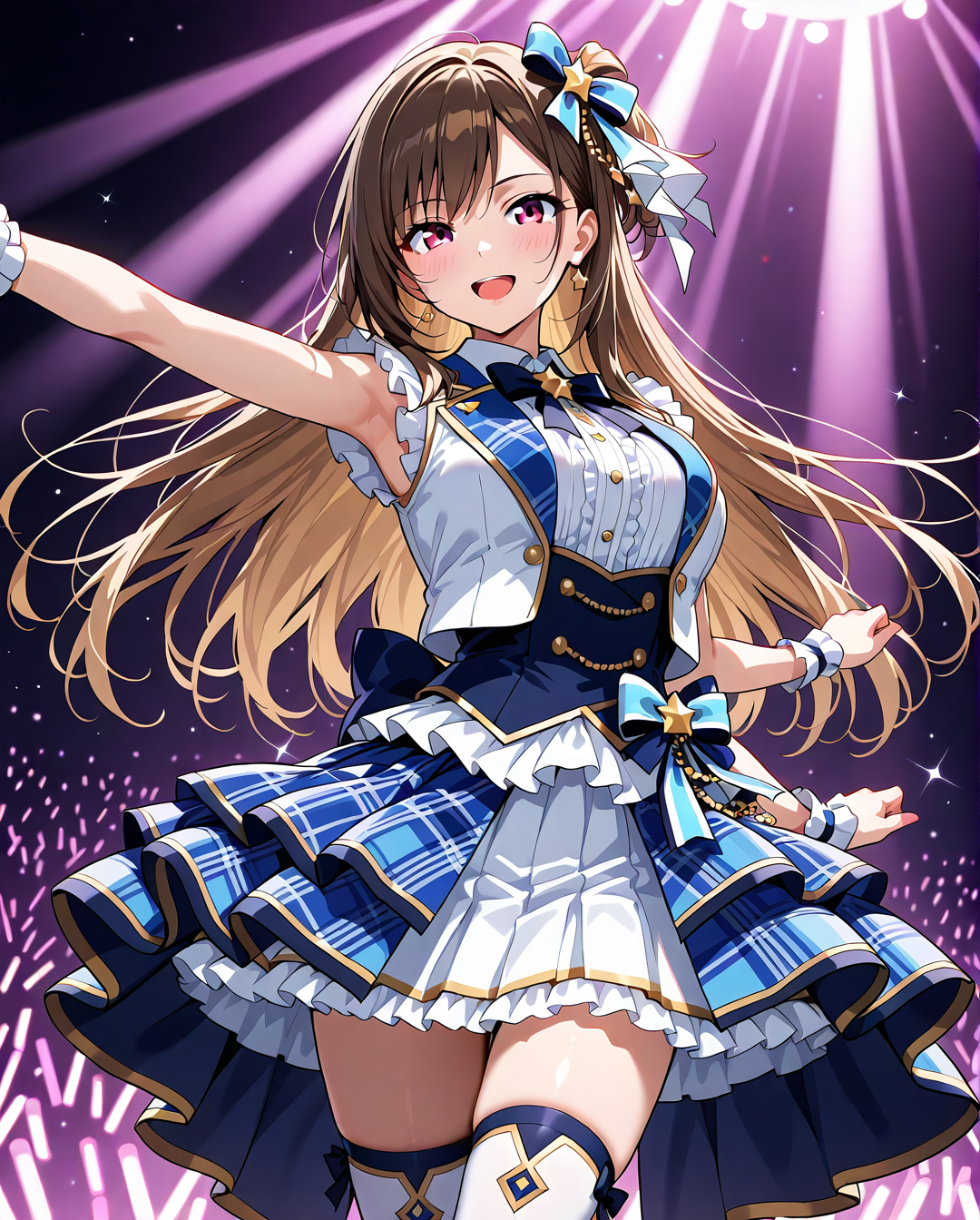 紫光の舞台で輝く、青チェック衣装の少女 #美少女 #アニメ調 #かわいい