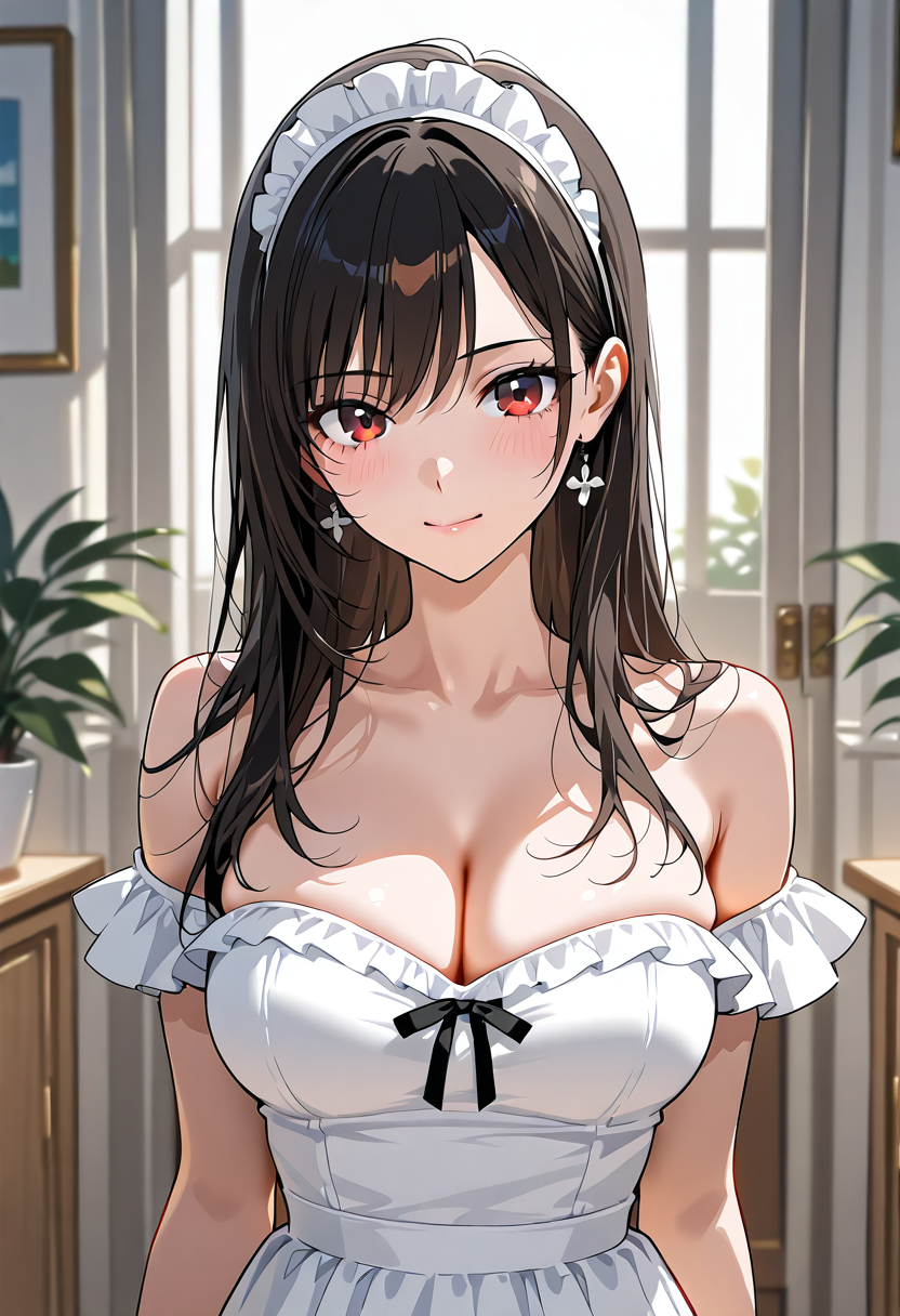 黒髪にメイド風ヘッドドレス、優雅な笑顔のアニメ調ポートレート #アニメ調 #美少女 #笑顔