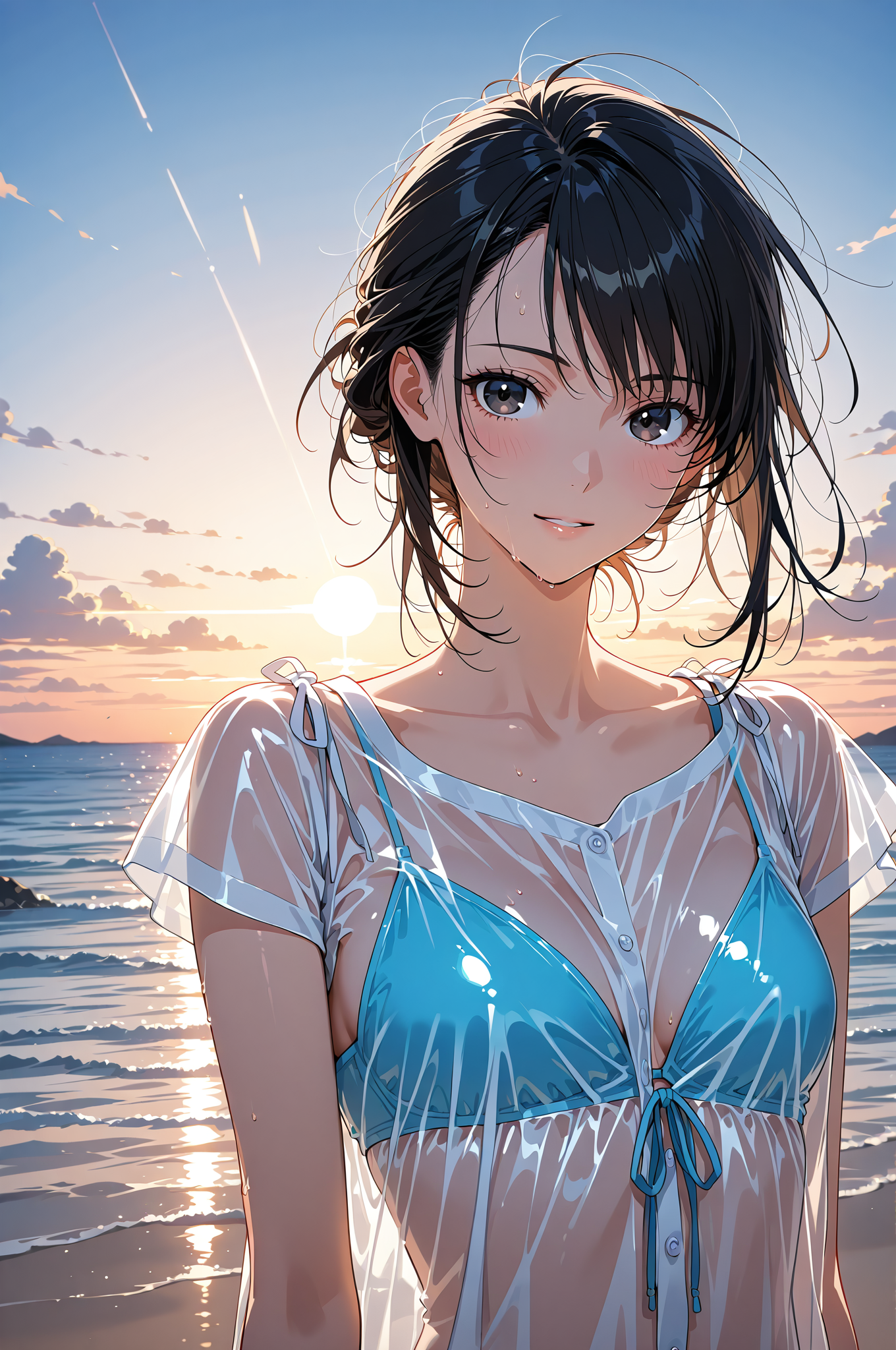夕焼けビーチの清楚な笑顔ポートレート #美少女 #アニメ調 #笑顔