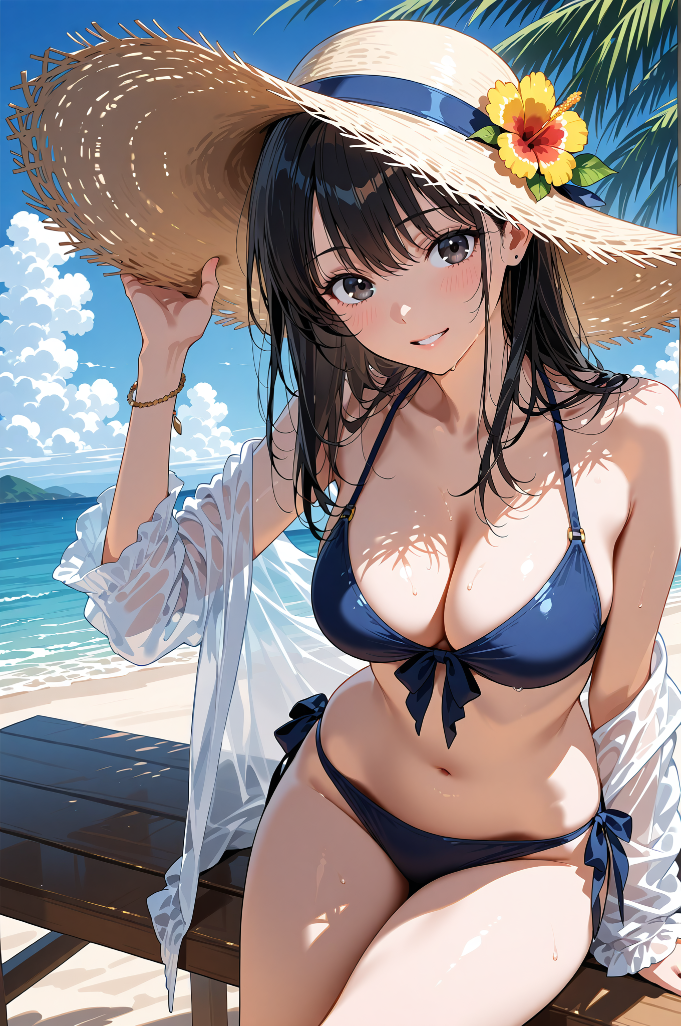 麦わら帽子と紺色ビキニ、夏の海辺ポートレート #水着 #屋外 #可愛い