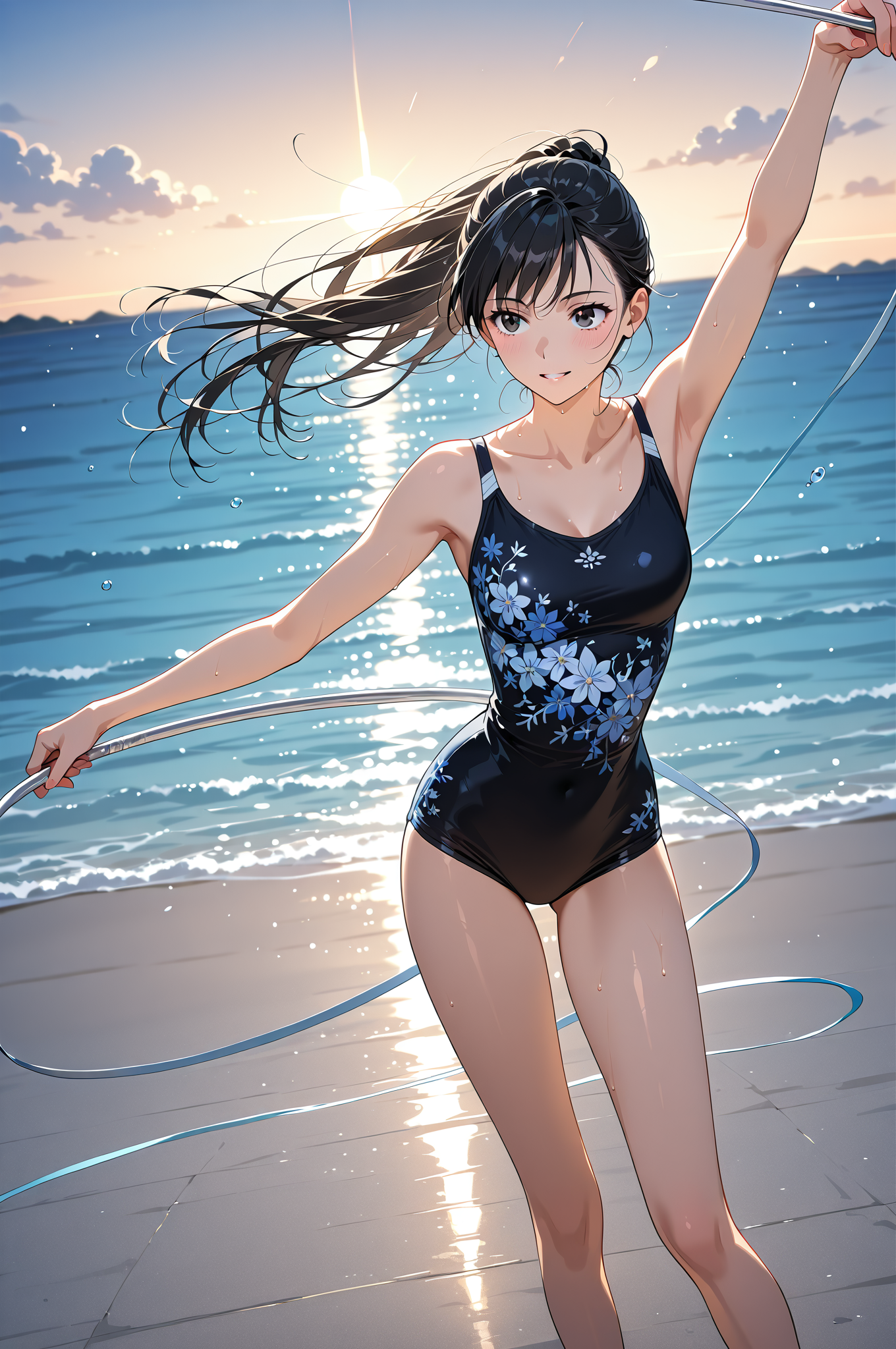 海辺で躍動する黒紺の花柄スイムウェア #美少女 #ビーチ #屋外