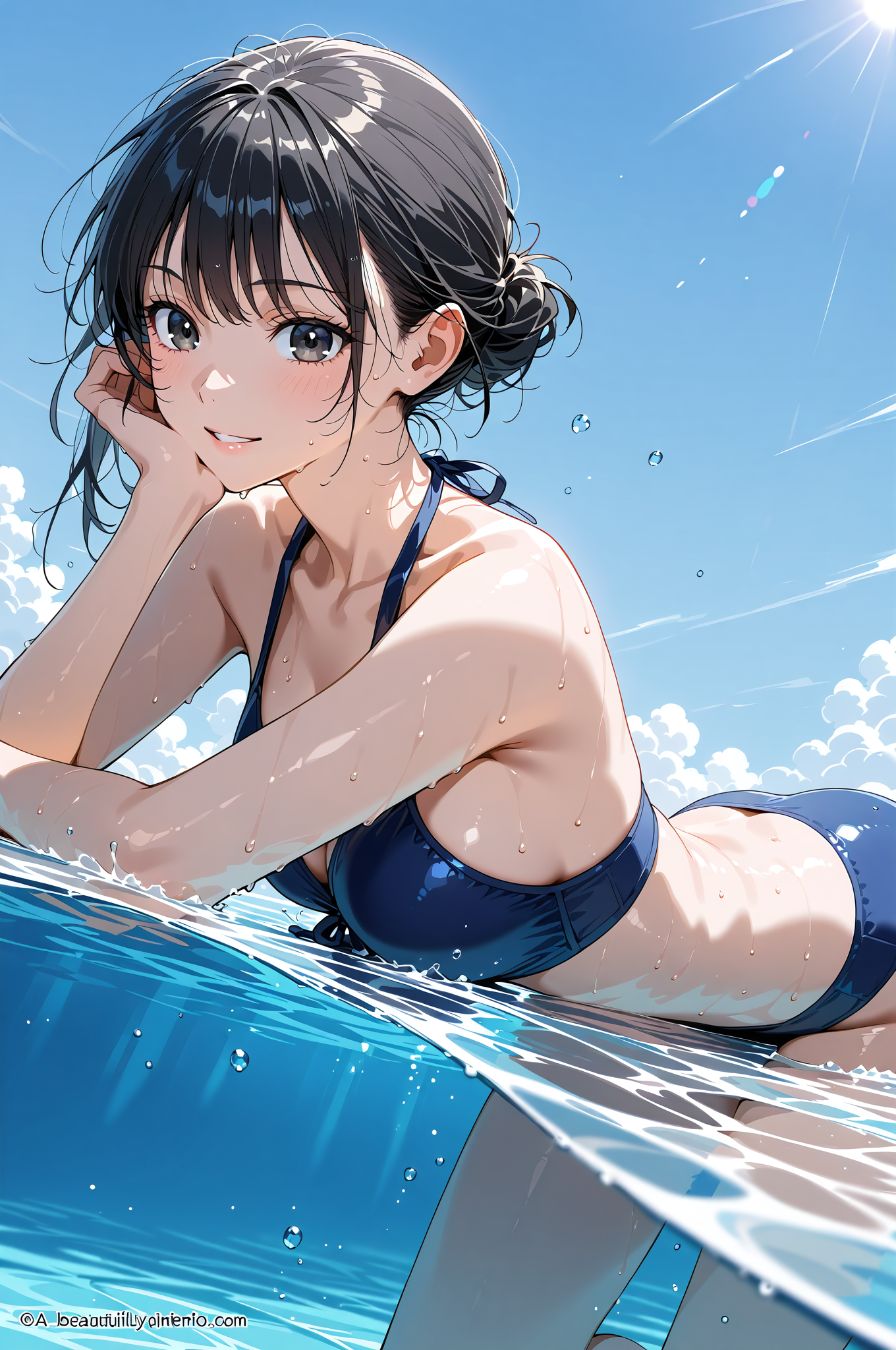 青空のプール、爽やかな笑顔のアニメ調ポートレート #アニメ調 #空 #屋外