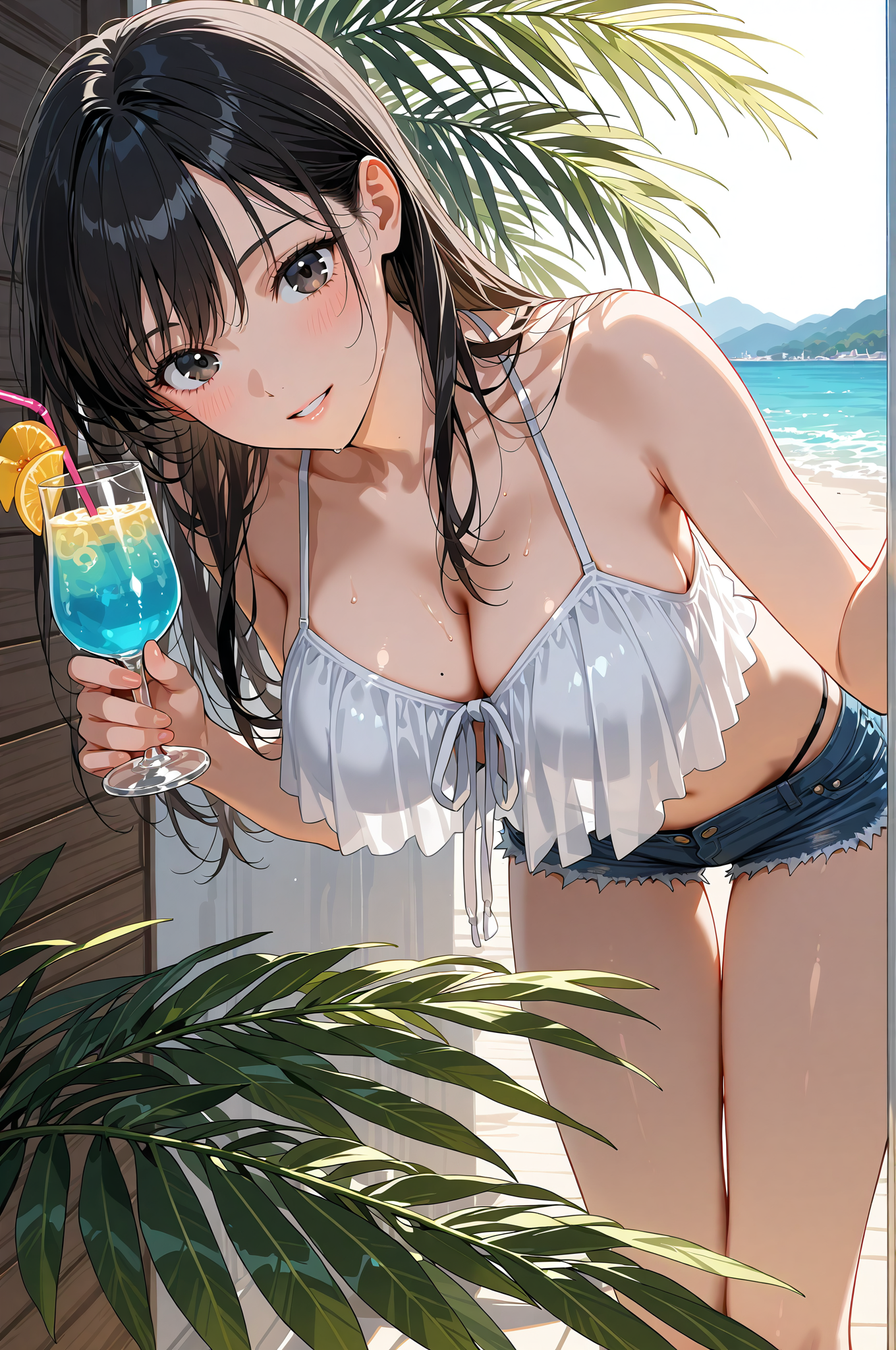 ビーチリゾートでカクテルを楽しむ笑顔の美少女 #アニメ #美少女 #笑顔