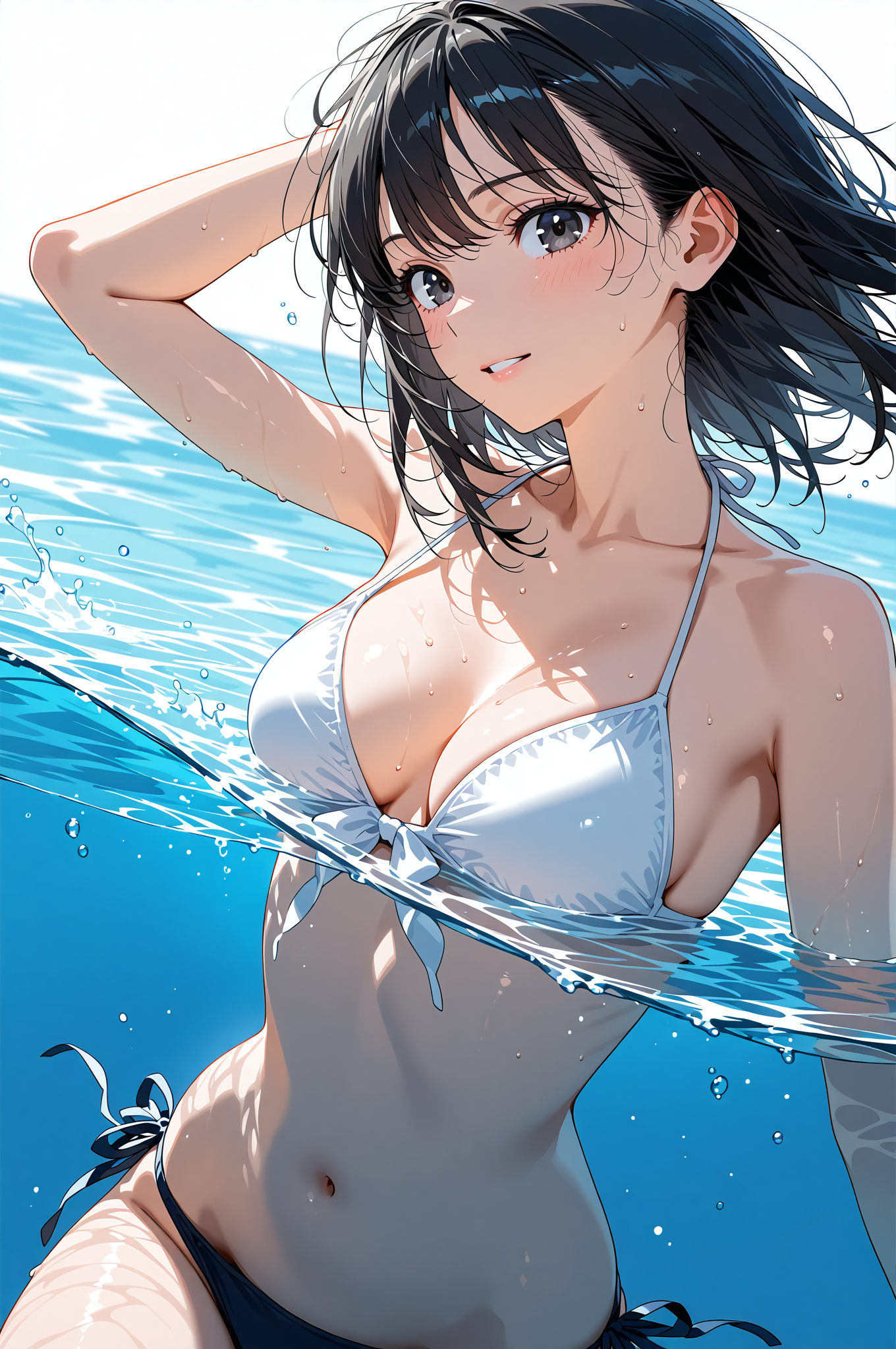 水中で笑顔の黒髪美少女、夏の涼しさ #美少女 #アニメ #水着