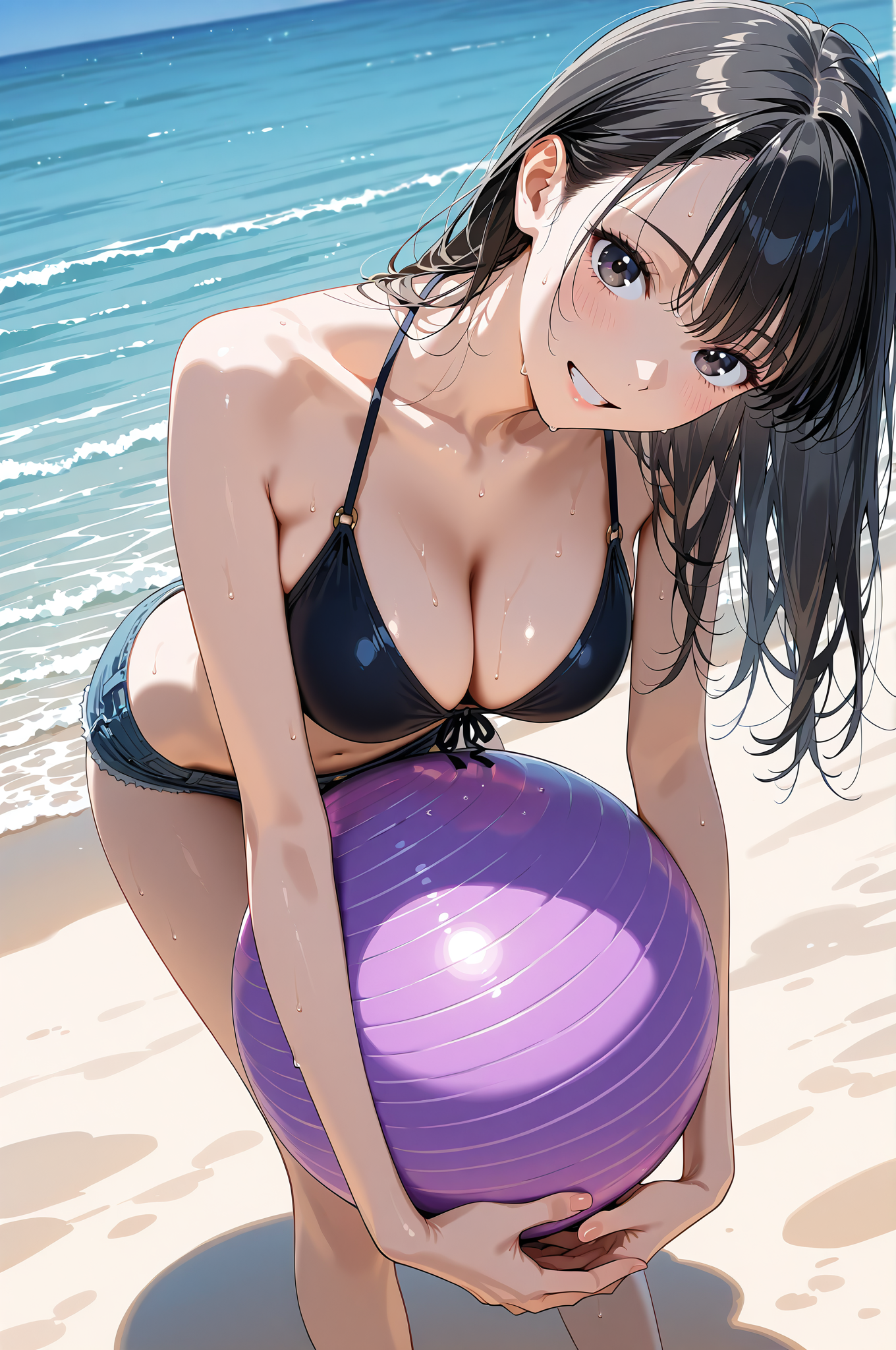 ビーチでの夏の日差し、黒髪の少女 #水着 #ビキニ #ビーチ