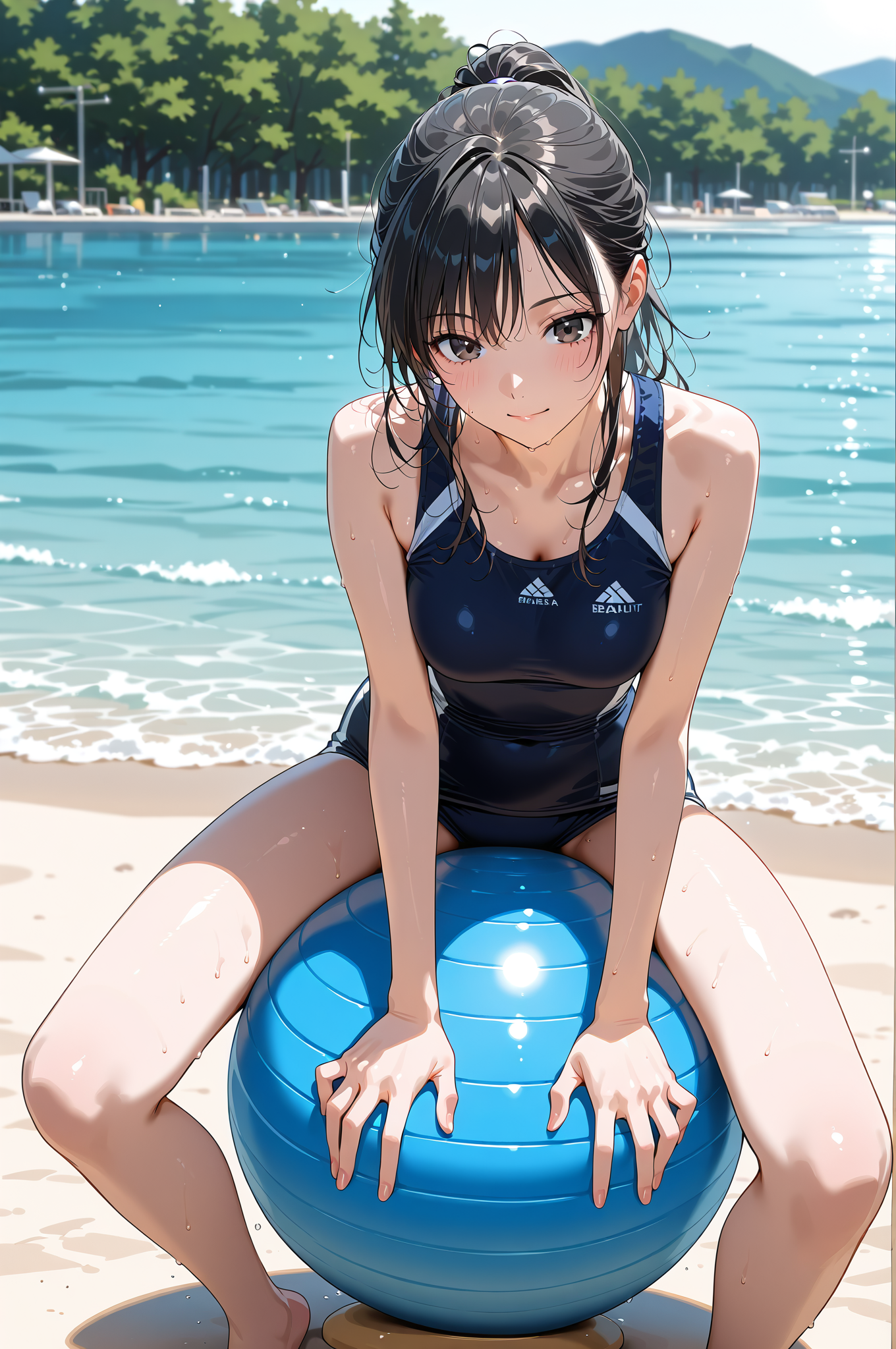 海辺でのポートレート、紺色の水着姿 #美少女 #水着 #屋外