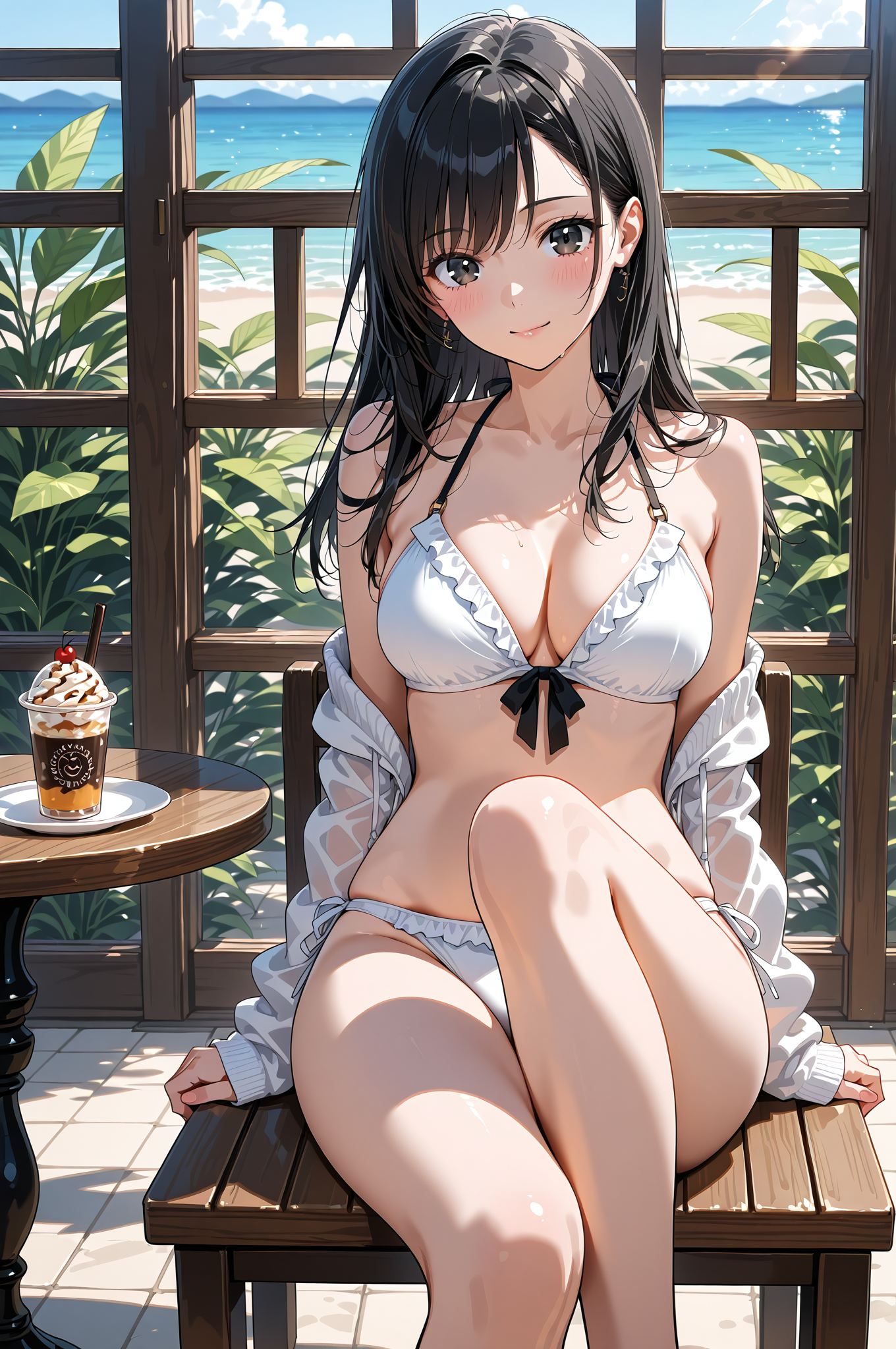 海辺のカフェでくつろぐ黒髪美少女 #美少女 #衣装 #アニメ調