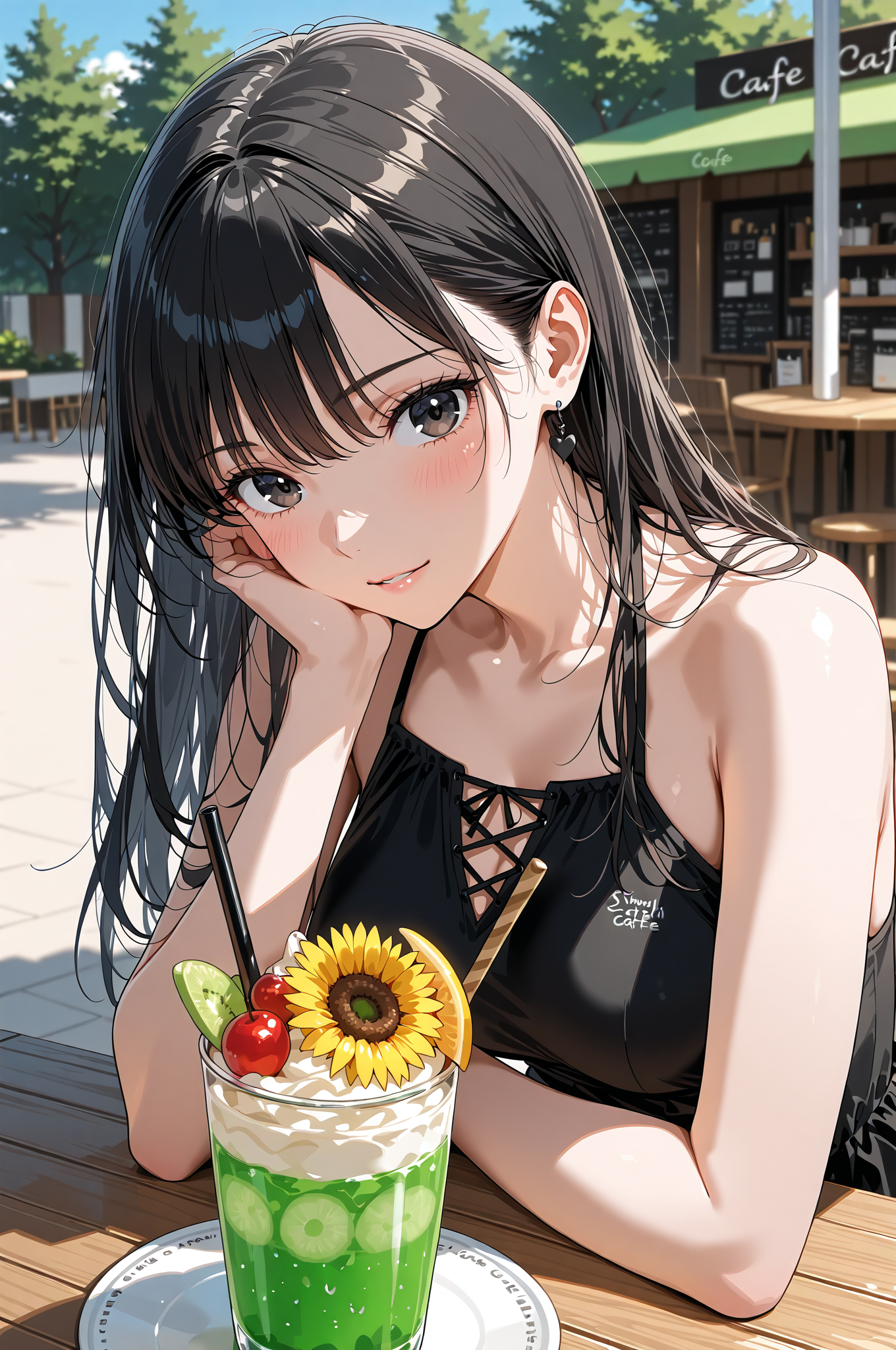 カフェテラスで爽やかドリンクを楽しむ黒髪の少女 #アニメ #美少女 #かわいい