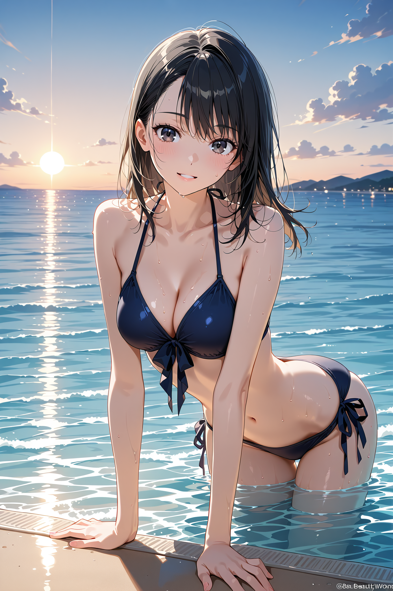 海辺の夏景色、黒髪美少女の笑顔ポートレート #美少女 #水着 #屋外