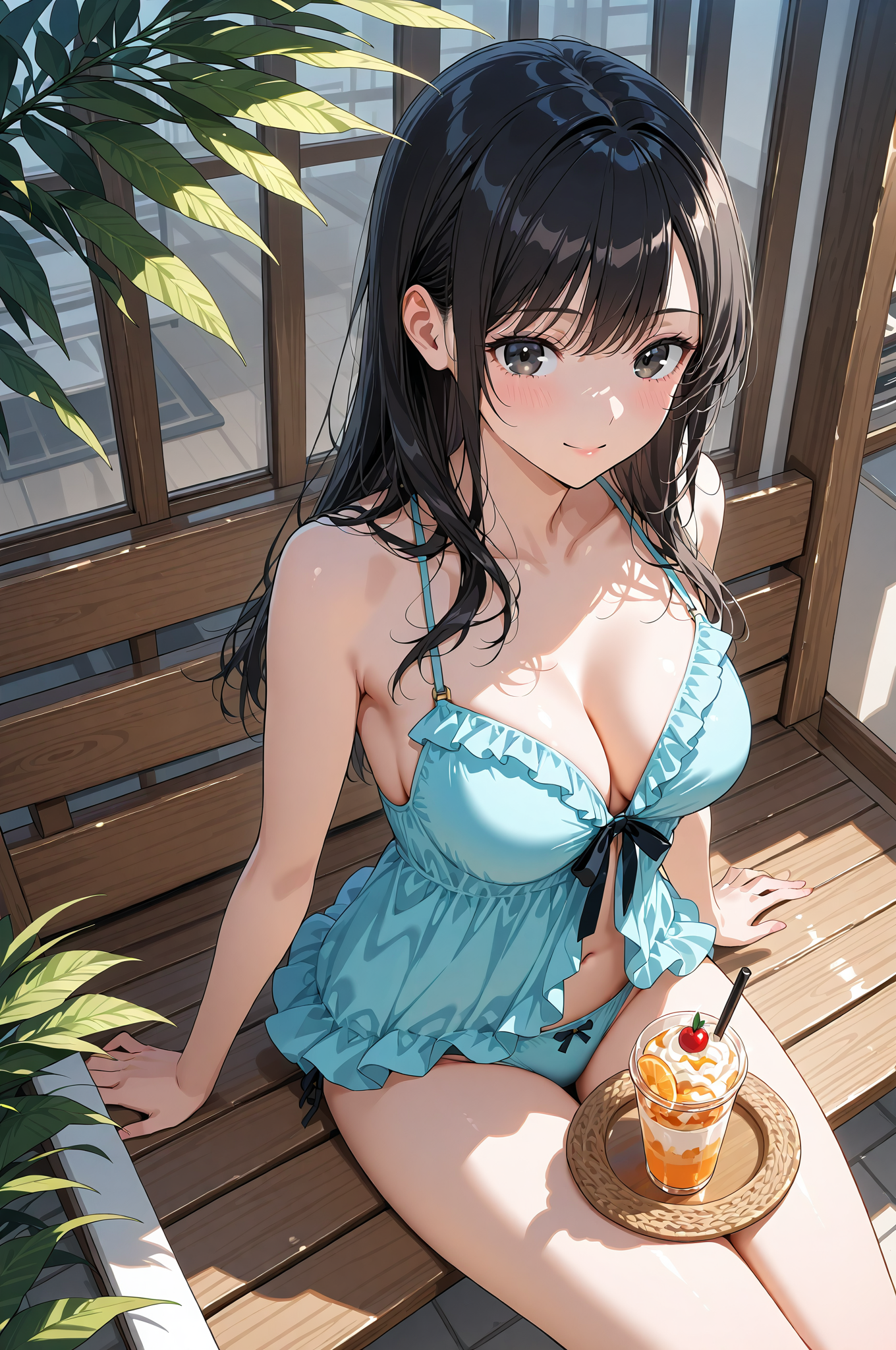 窓辺の笑顔、青いワンピースの美少女 #美少女 #顔 #笑顔
