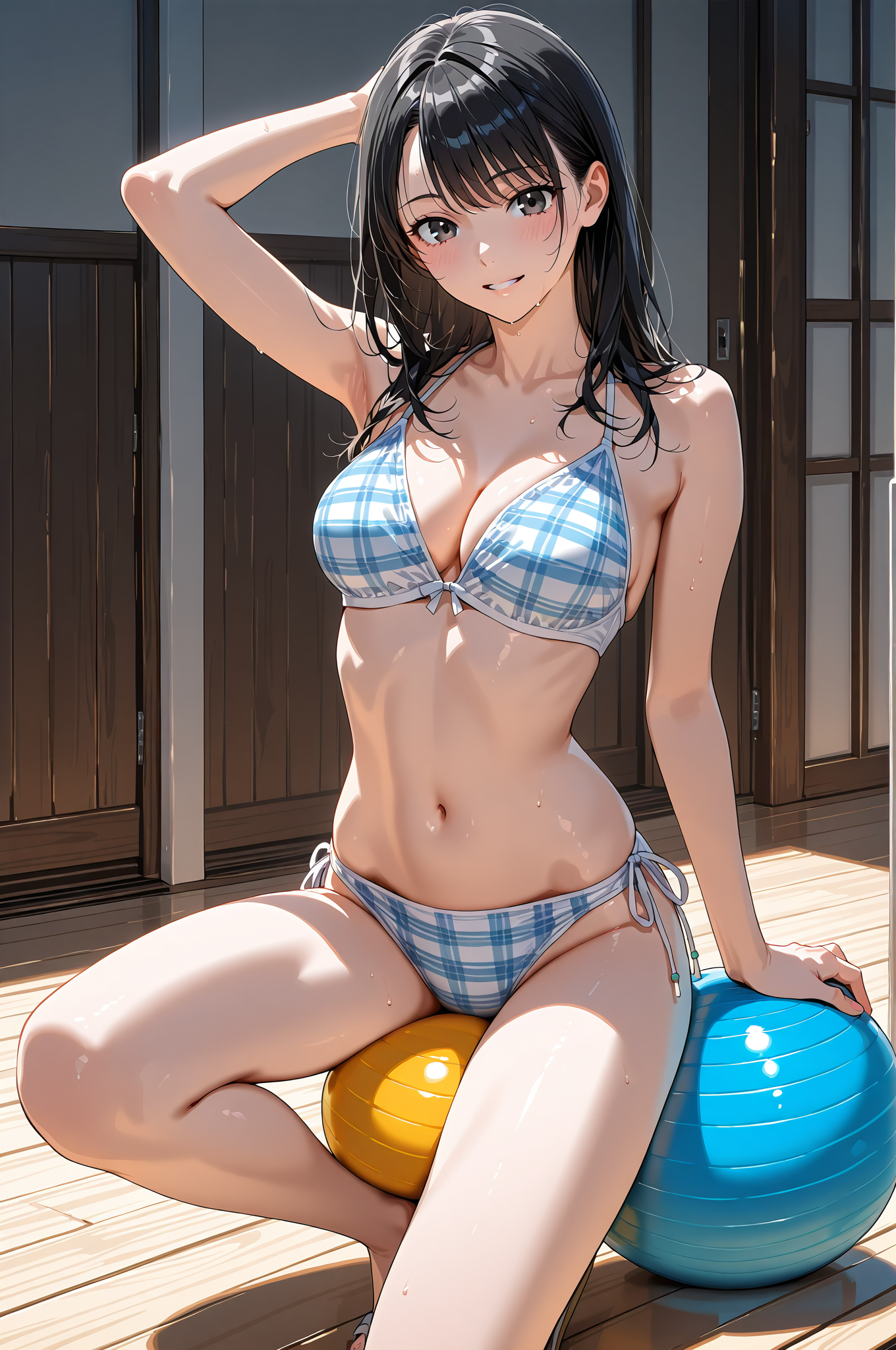 青白いチェック柄の水着姿のポートレート #美少女 #グラビア #ランジェリー