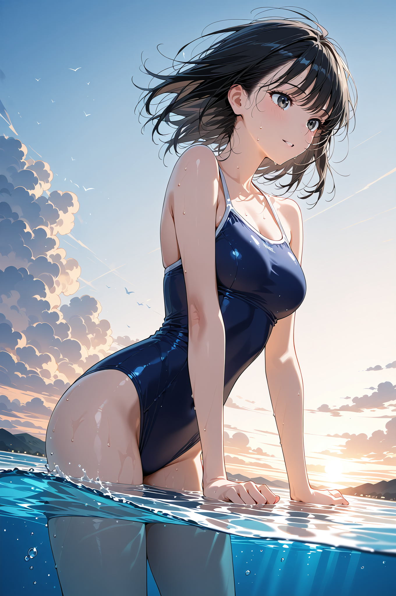 夏の水辺で笑顔のアニメ調ポートレート #美少女 #アニメ #屋外