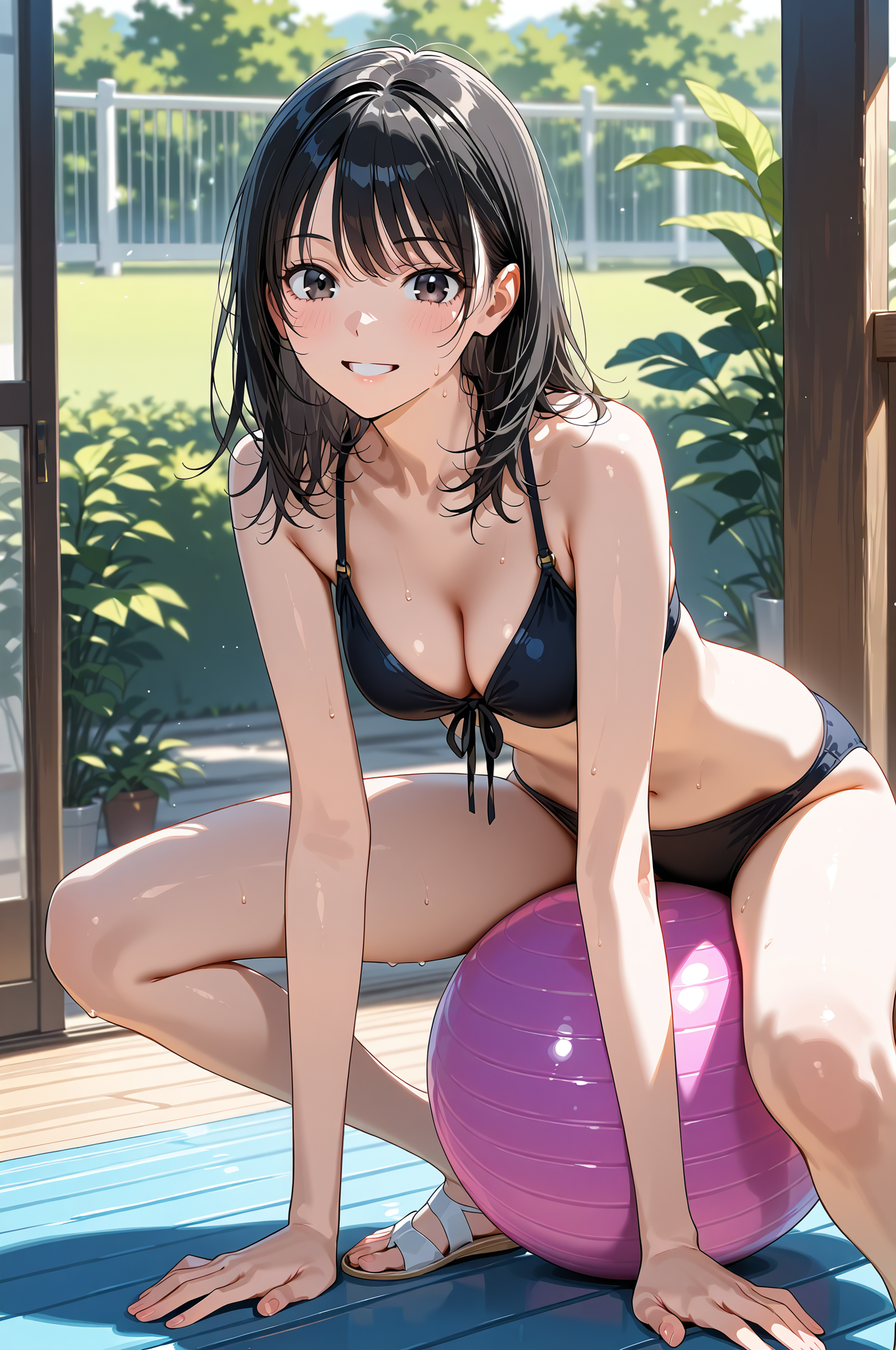 庭園のプール脇で笑顔の美少女アニメイラスト #美少女 #水着 #屋外