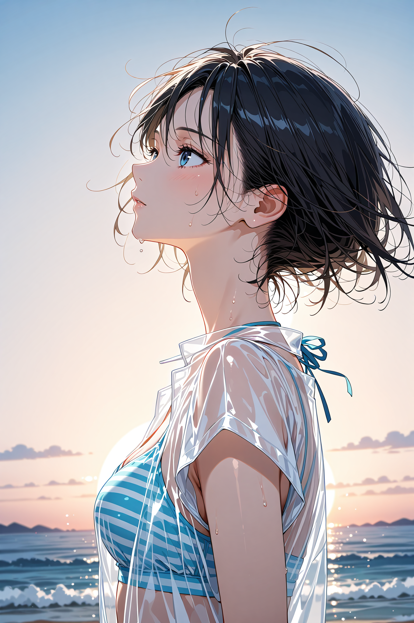 夏の海辺に佇む、青い瞳の少女 #美少女 #ビーチ #青空