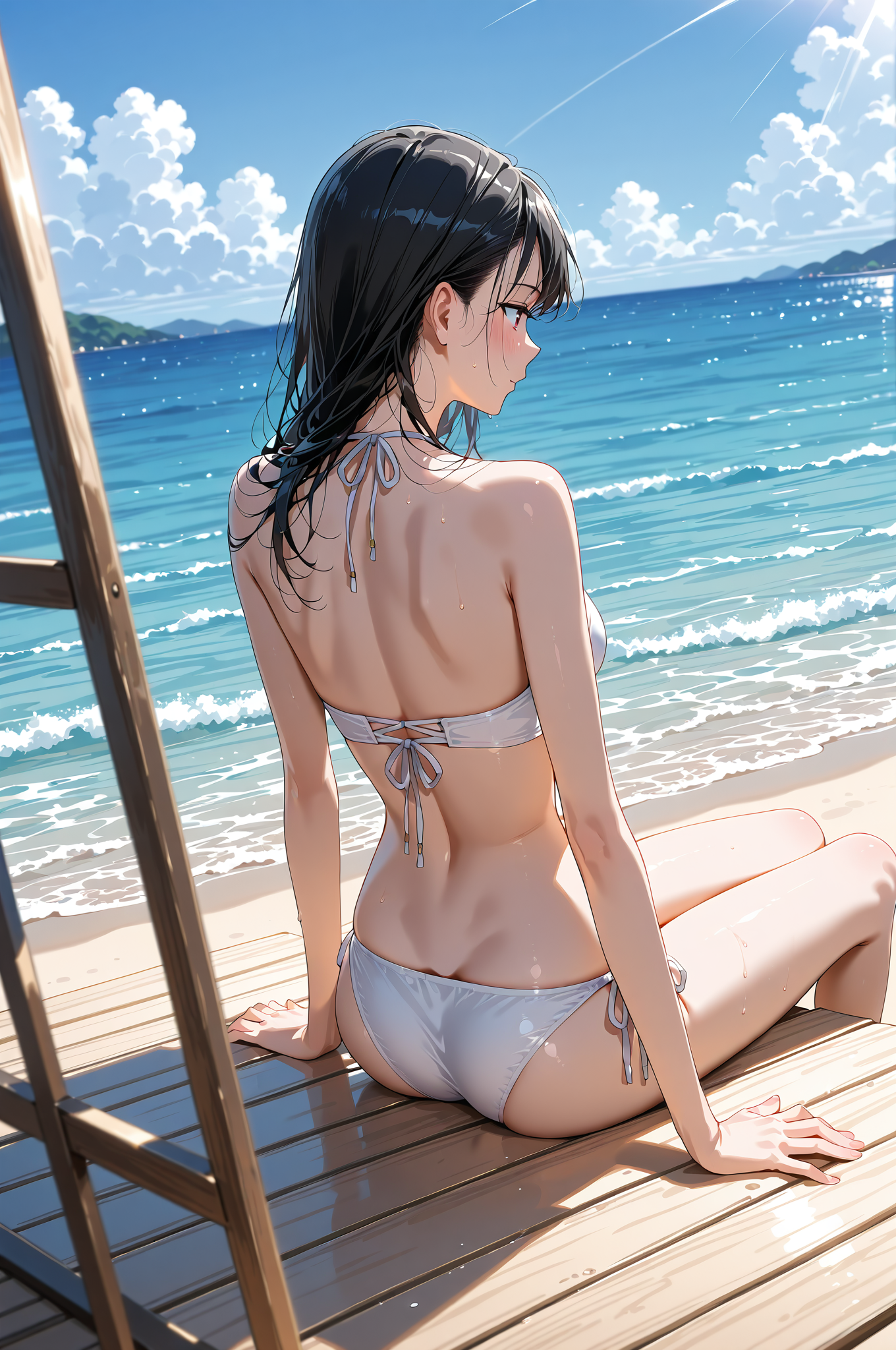 海辺のポートレート、青空と波の風景画 #美少女 #水着 #海