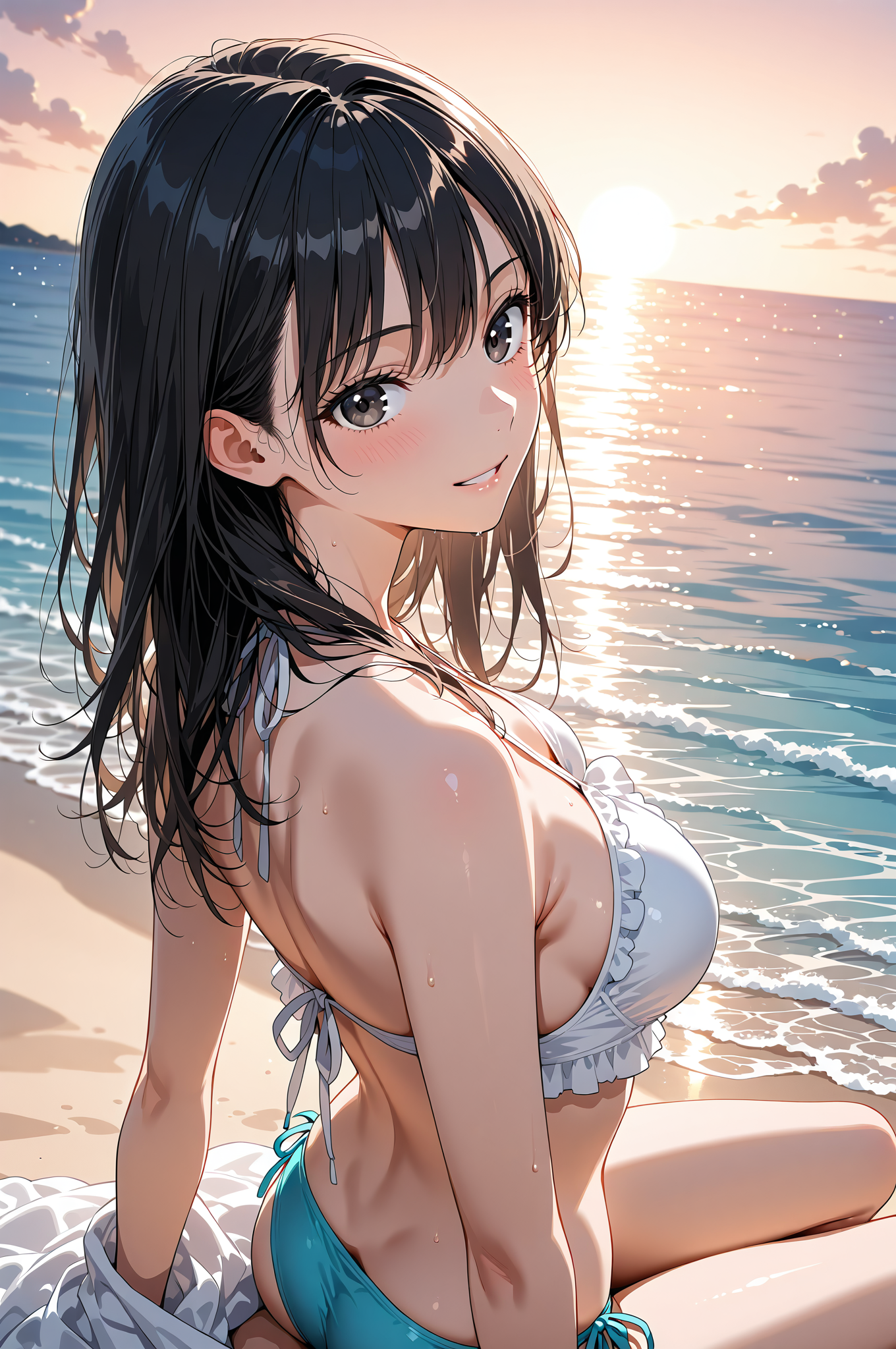 黒髪の少女が見つめる夕焼けビーチ #美少女 #アニメ調 #屋外