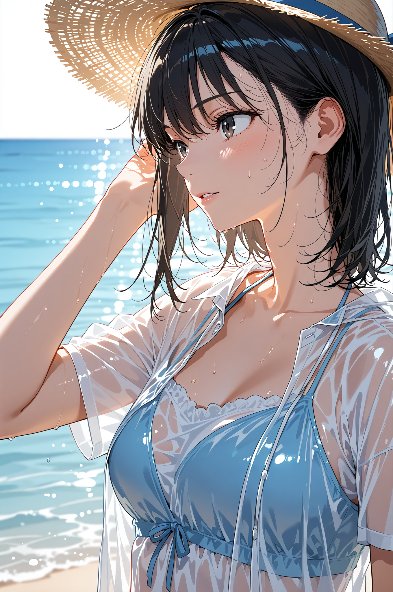 麦わら帽子の黒髪少女、海辺でのポートレート #美少女 #アニメ #ファッション