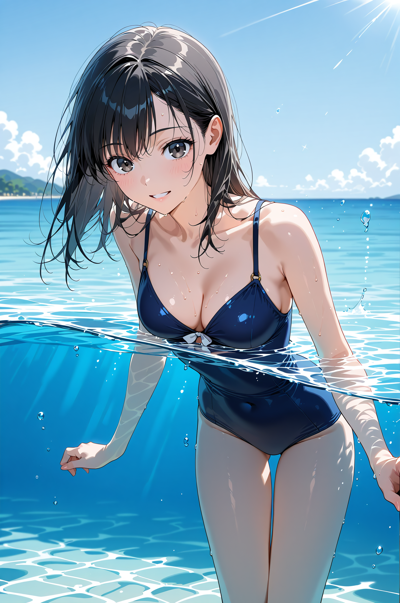 紺色水着で海を楽しむ夏のポートレート #美少女 #水着 #屋外