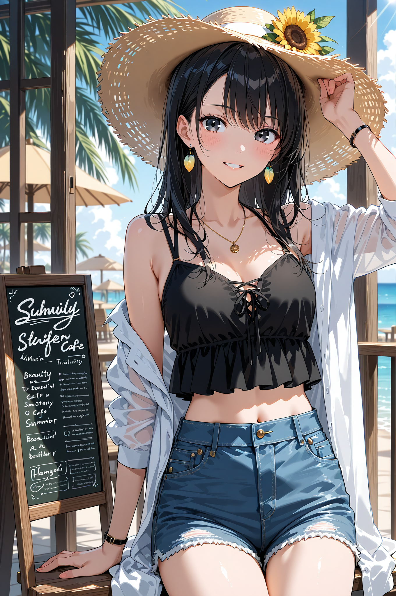 麦わら帽子とビーチカフェの夏ポートレート #アニメ #美少女 #ファッション