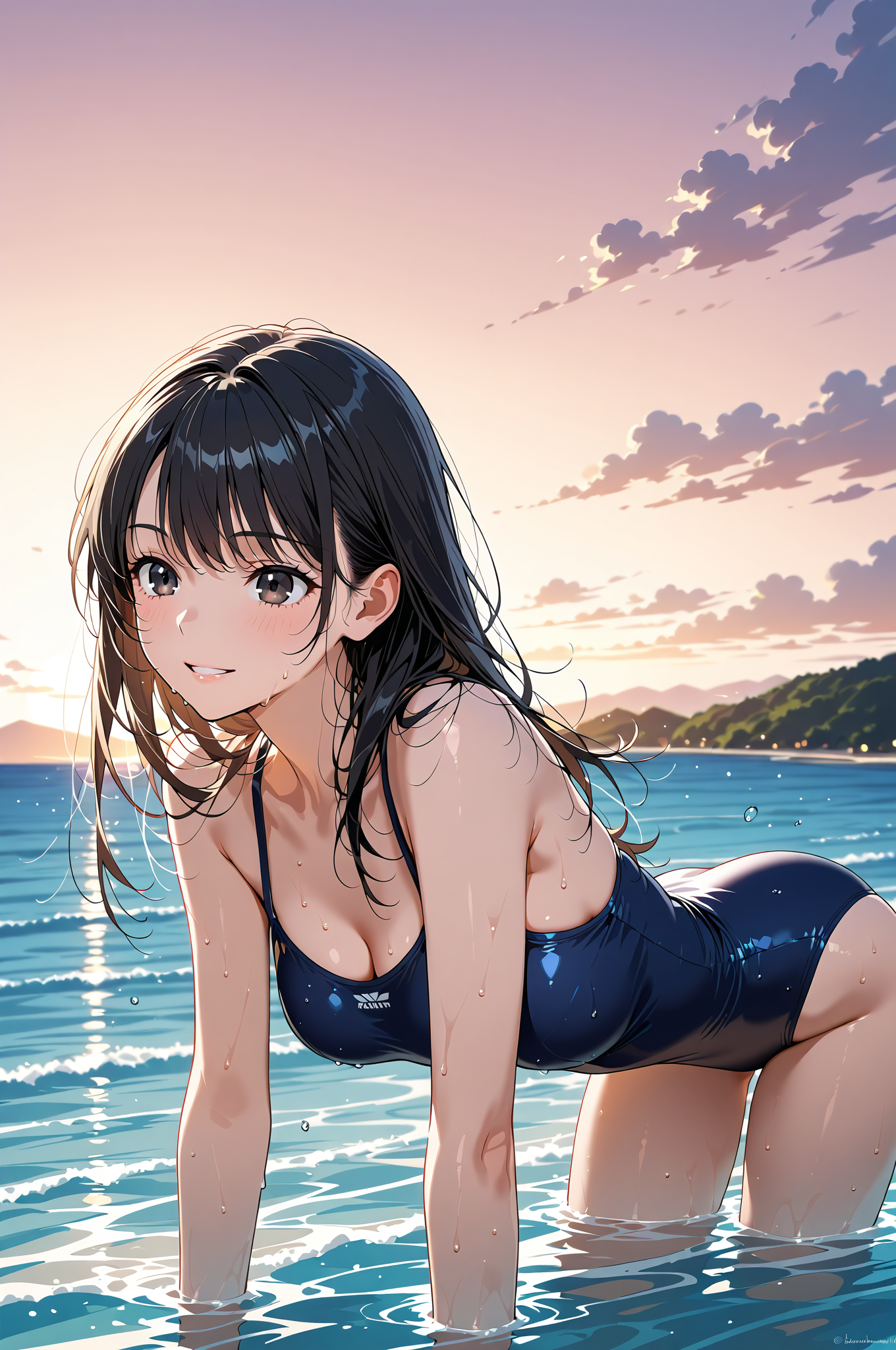 黒髪の少女が海水浴を楽しむ爽やかなポートレート #美少女 #屋外 #空