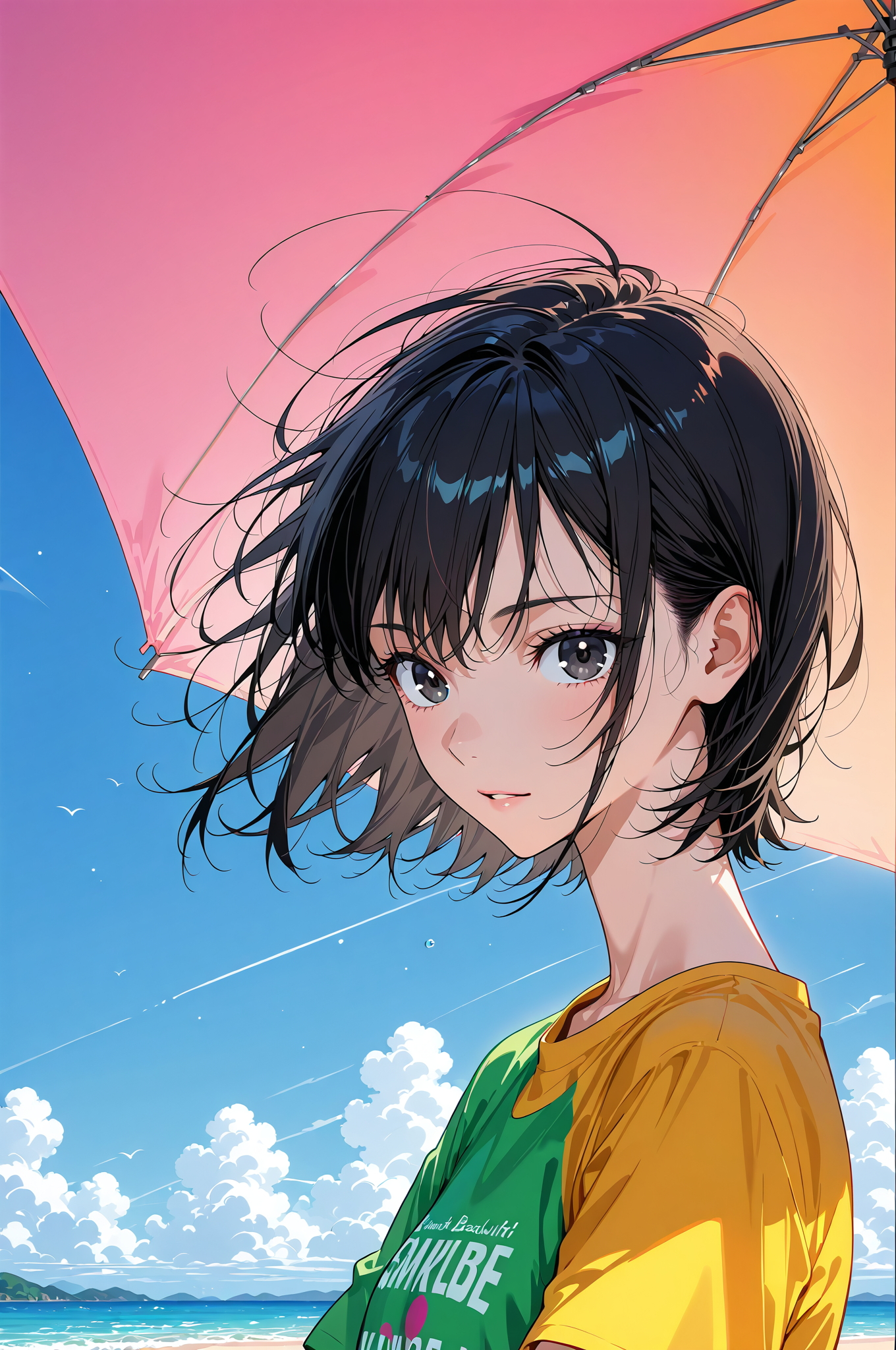 黒髪ショートヘアの少女と傘、爽やかな海辺の景色 #アニメ #美少女 #空