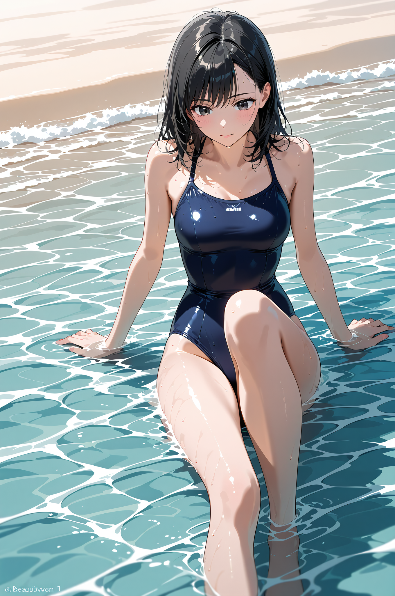 海辺で浅瀬に座る黒髪の少女 #美少女 #水着 #屋外