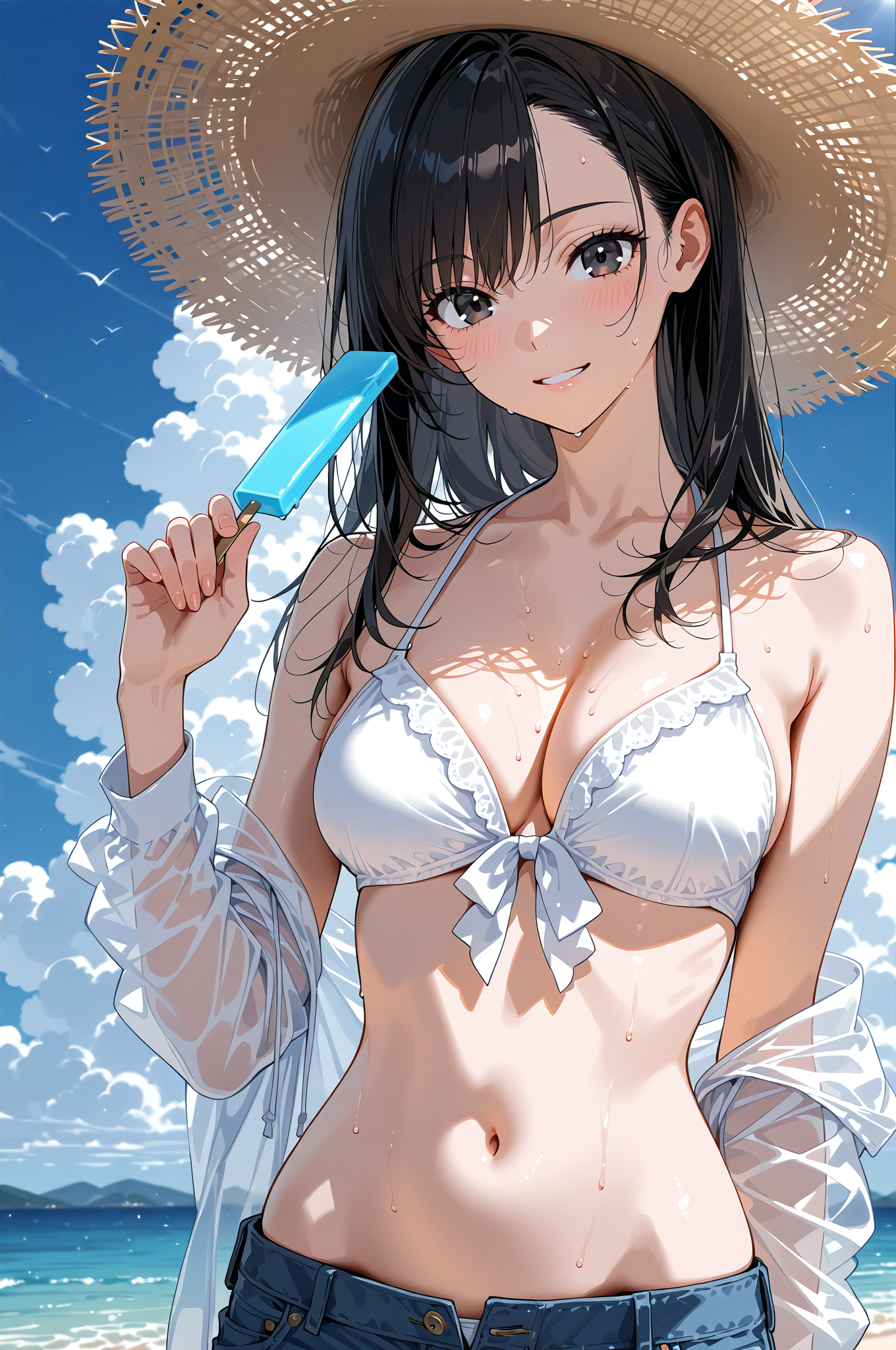 麦わら帽子とアイスキャンディーの夏の笑顔 #美少女 #アニメ調 #帽子