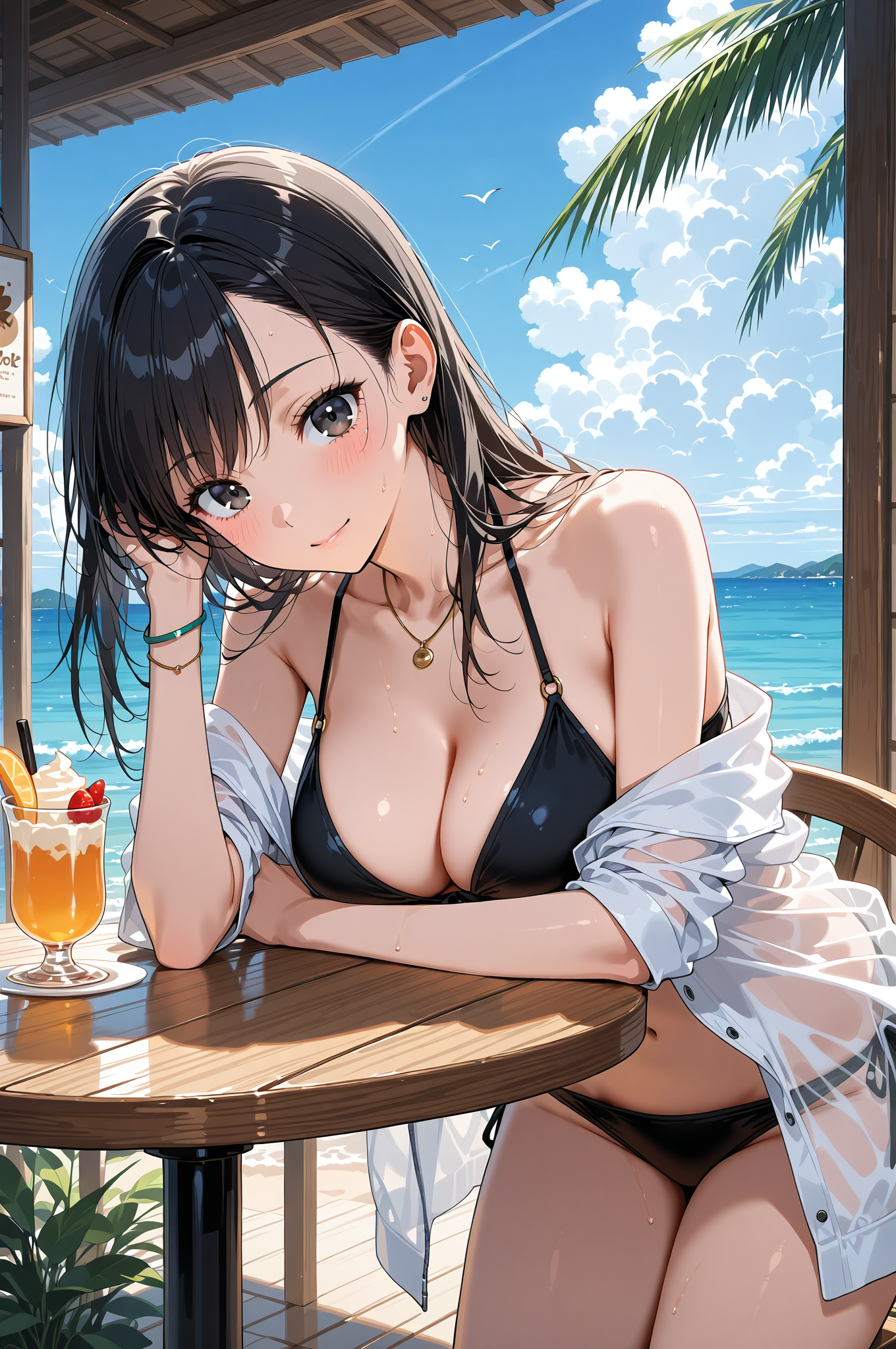 海辺のカフェで過ごす優雅なひと時 #飲み物 #カフェ #美少女