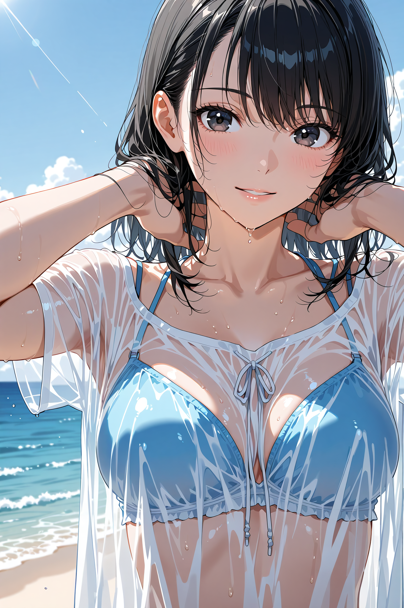 海辺で微笑む黒髪の少女 #美少女 #アニメ調 #かわいい