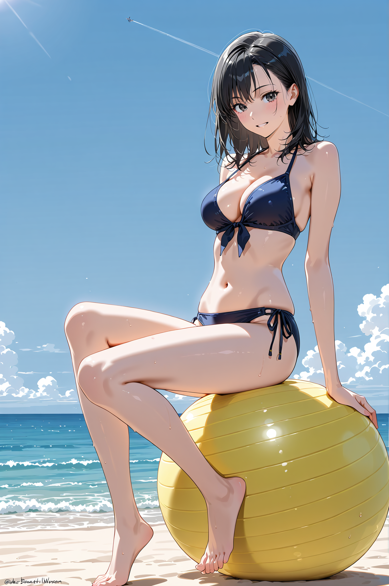 夏の海辺でリラックス、紺色ビキニの少女 #美少女 #水着 #夏