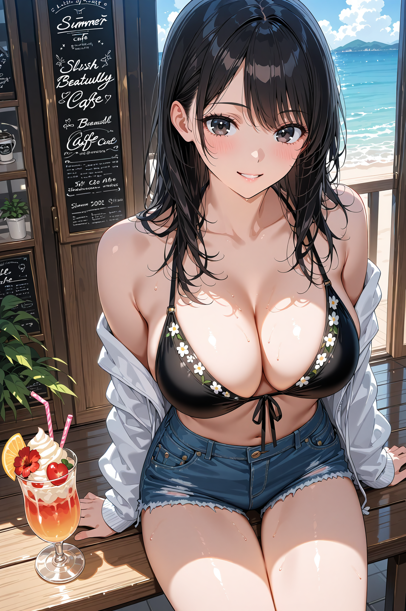 海辺のカフェで微笑む黒髪の美少女 #美少女 #下着 #肌色