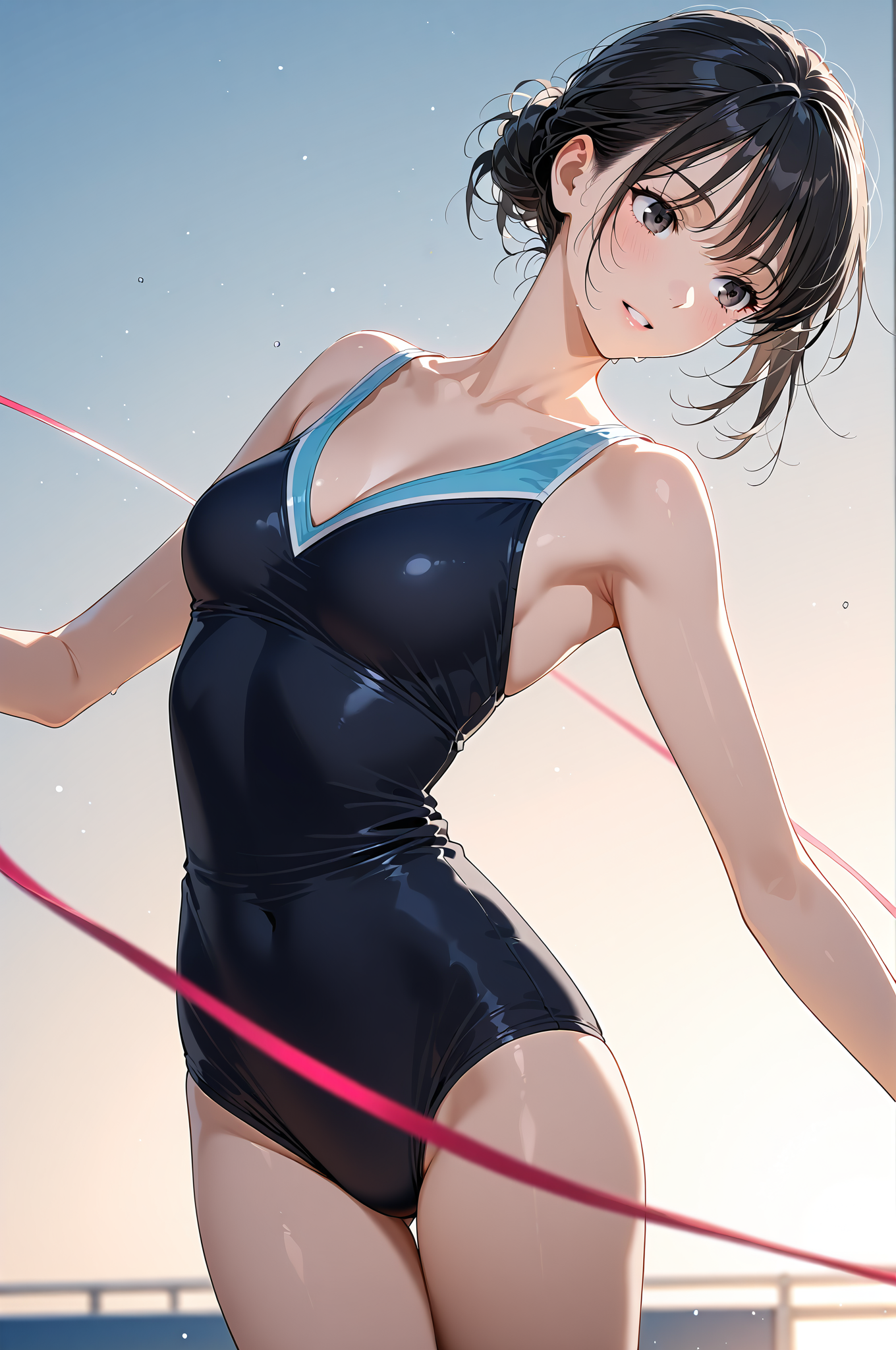 紺色のスポーツウェアを身につけた黒髪の少女 #美少女 #かわいい #アニメ調