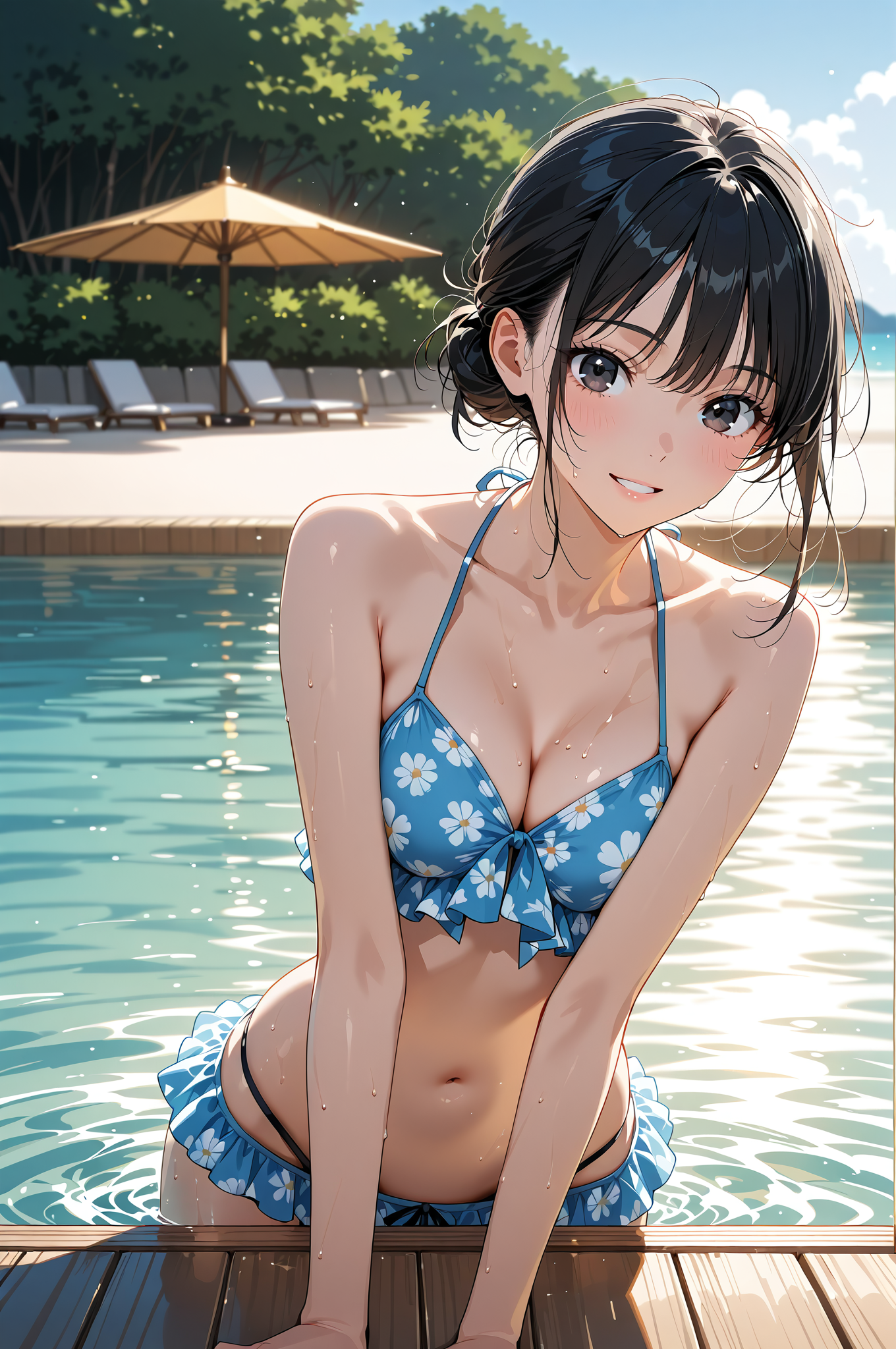 プールサイドで微笑む、花柄水着の女の子 #水着 #屋外 #夏