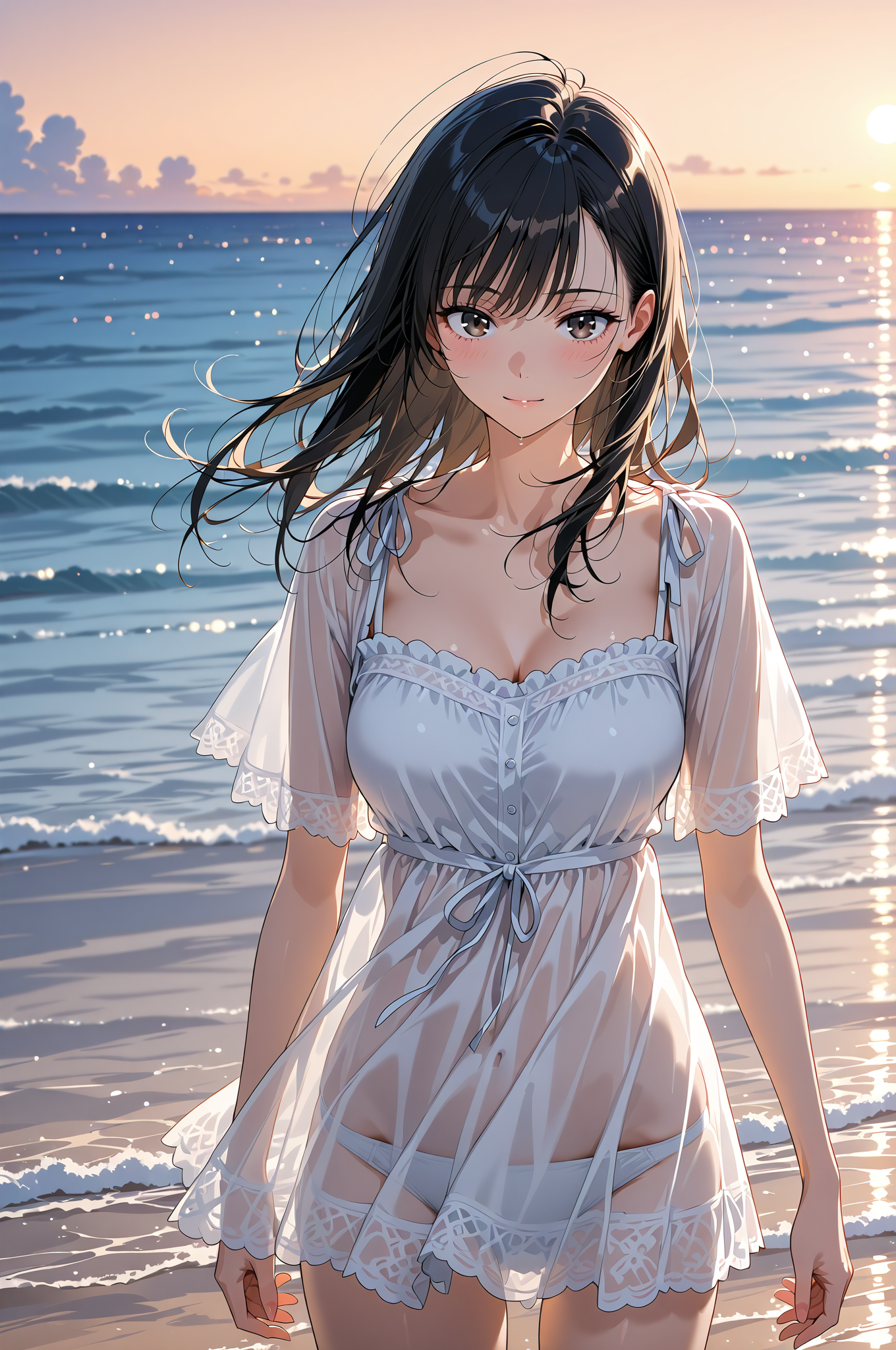 夕焼けビーチの白いワンピース姿 #美少女 #屋外 #アニメ調