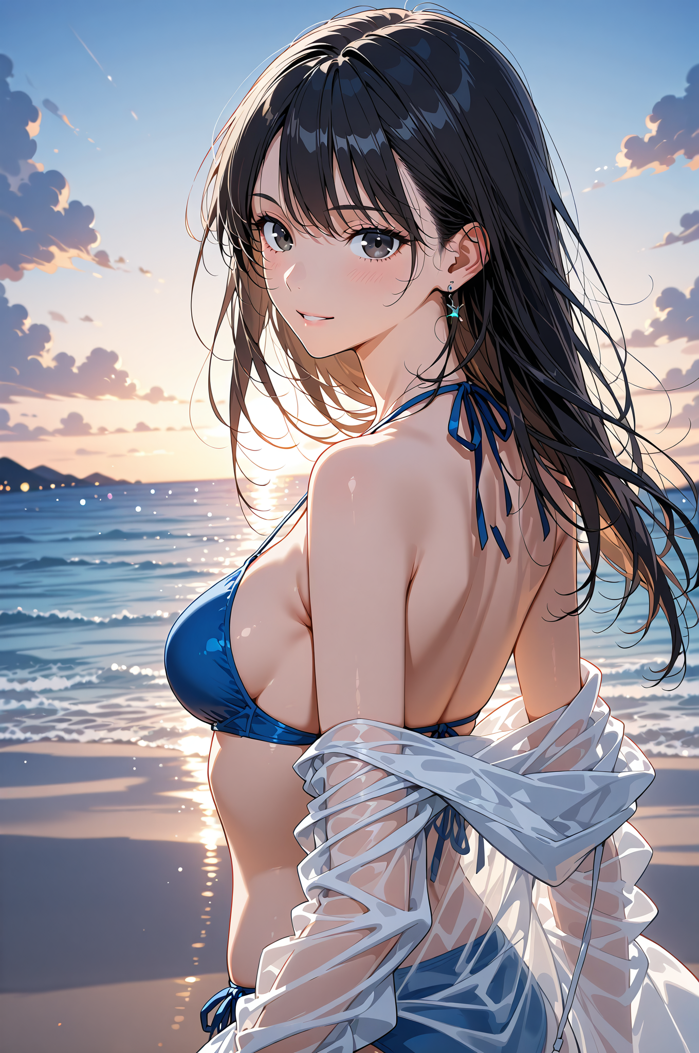 夕焼けビーチの黒髪美少女ポートレート #美少女 #アニメ調 #笑顔
