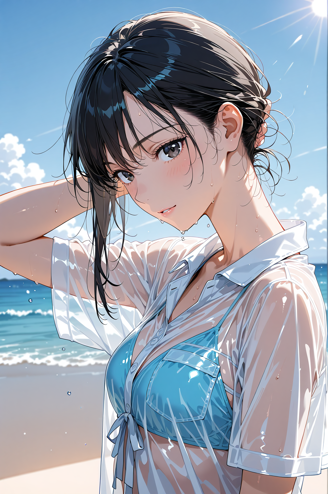 海辺の清涼感、黒髪ポートレート #アニメ #美少女 #空