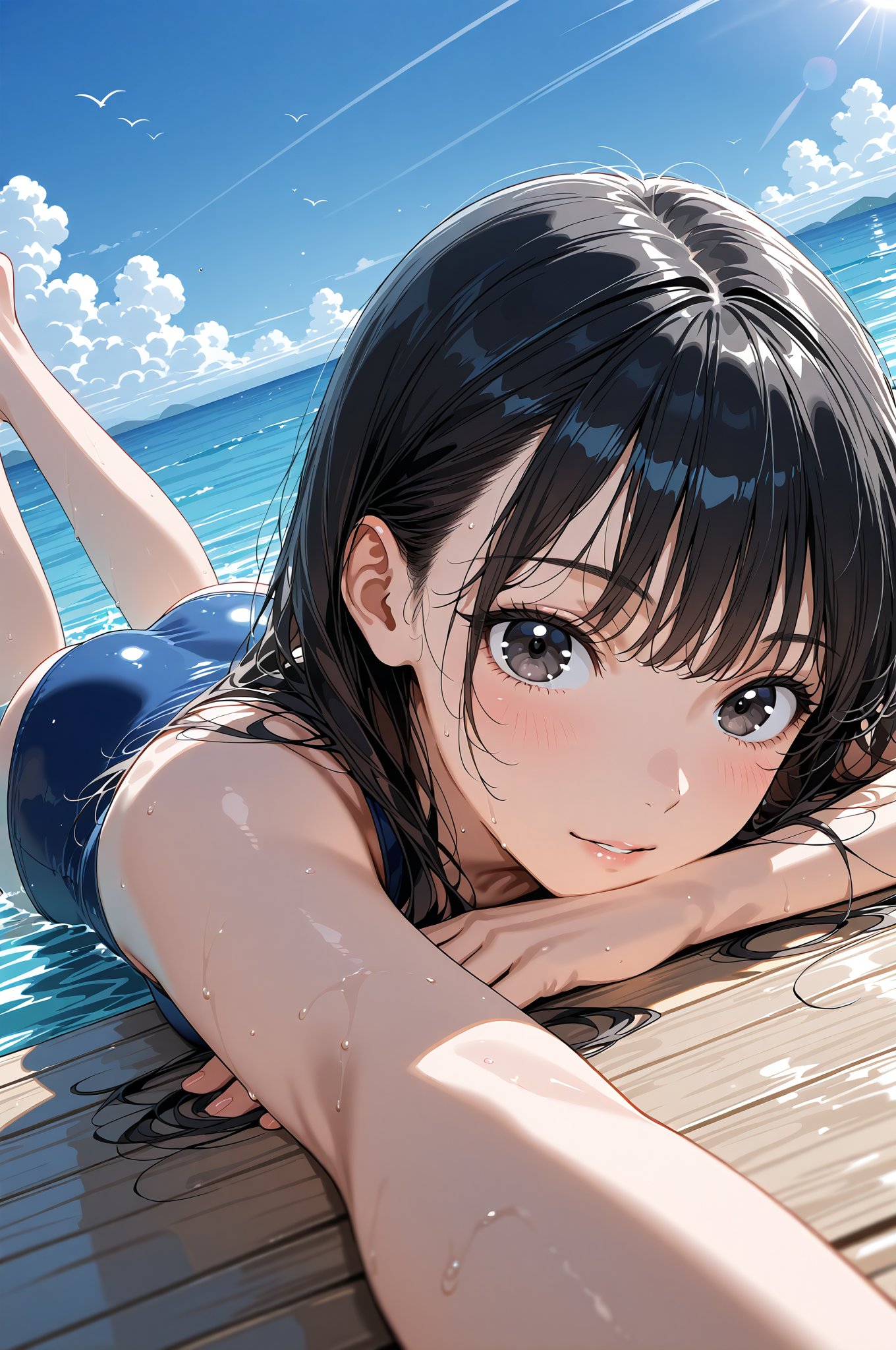 青空と水のポートレート、黒髪の少女 #アニメ #美少女 #空