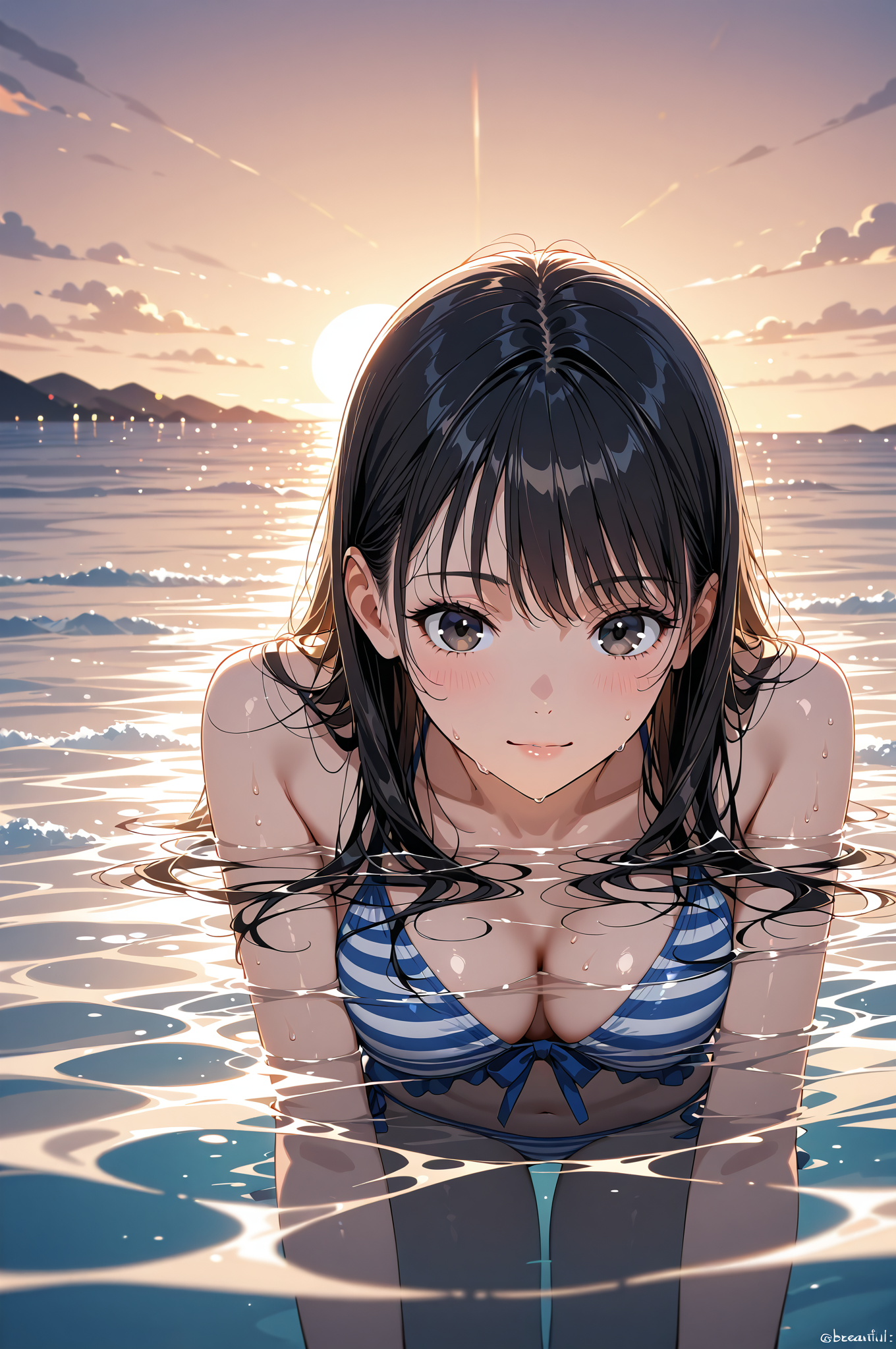 夕焼けの海で微笑むアニメ調の少女 #美少女 #アニメ #笑顔