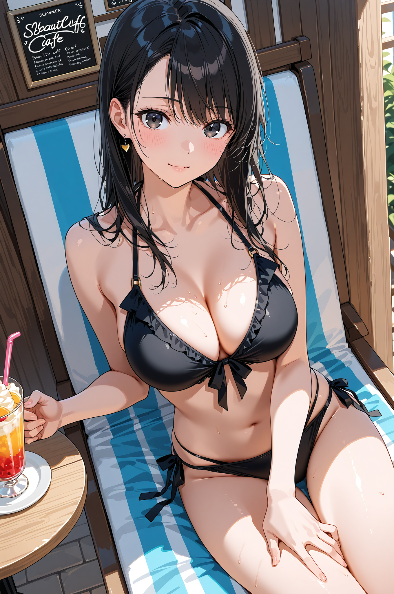 カフェテラスでくつろぐ黒髪美少女のポートレート