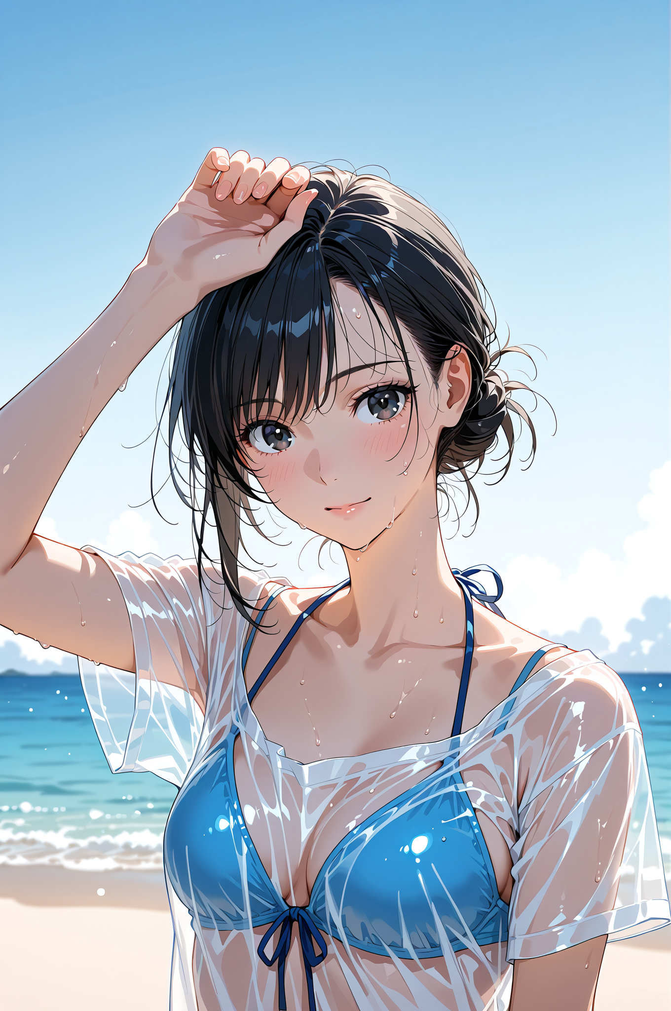 海辺の晴天ポートレート、黒髪の清楚な笑顔 #美少女 #アニメ #屋外