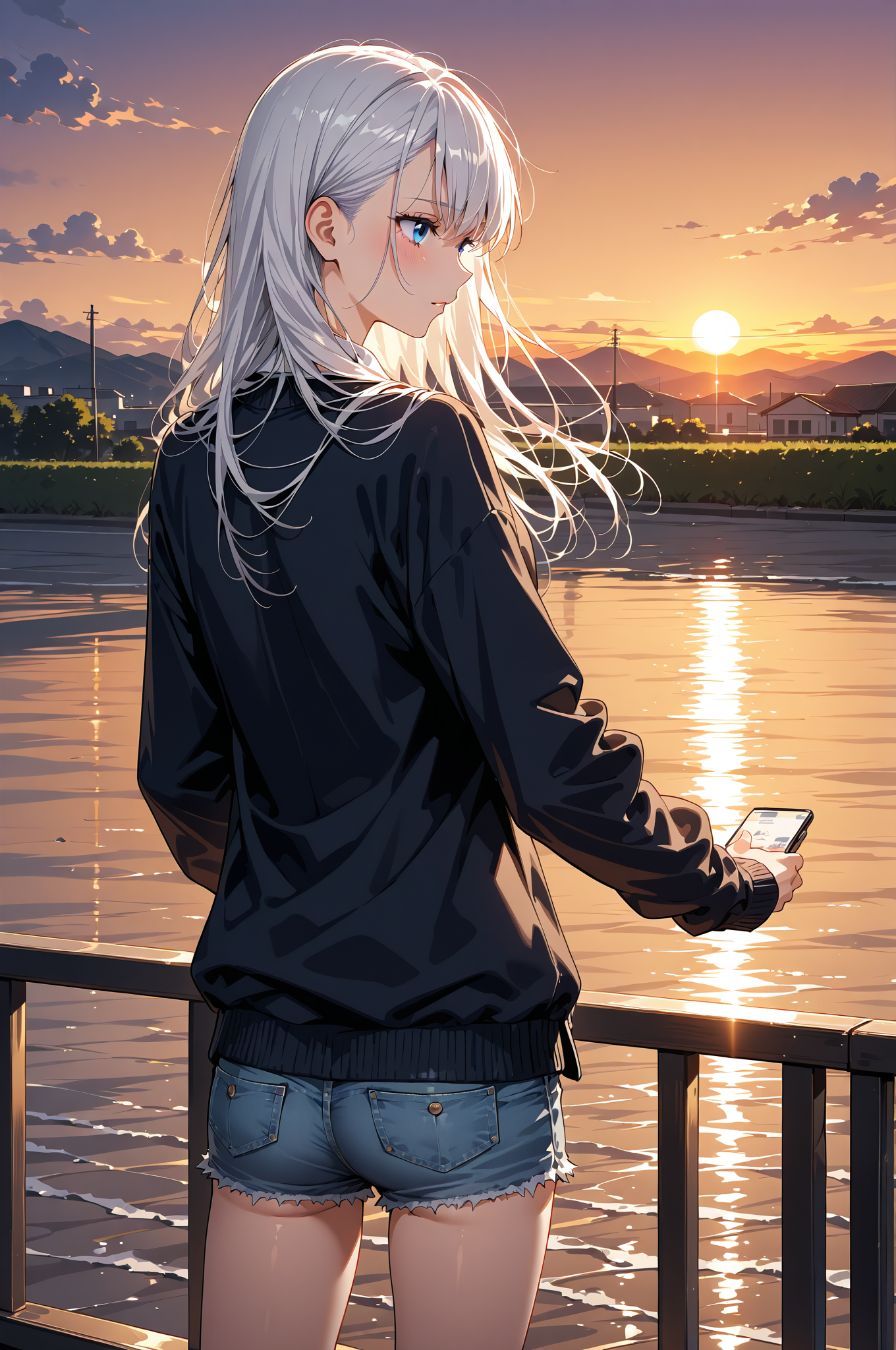 夕焼けの河畔でたたずむ白髪の少女 #美少女 #アニメ調 #屋外