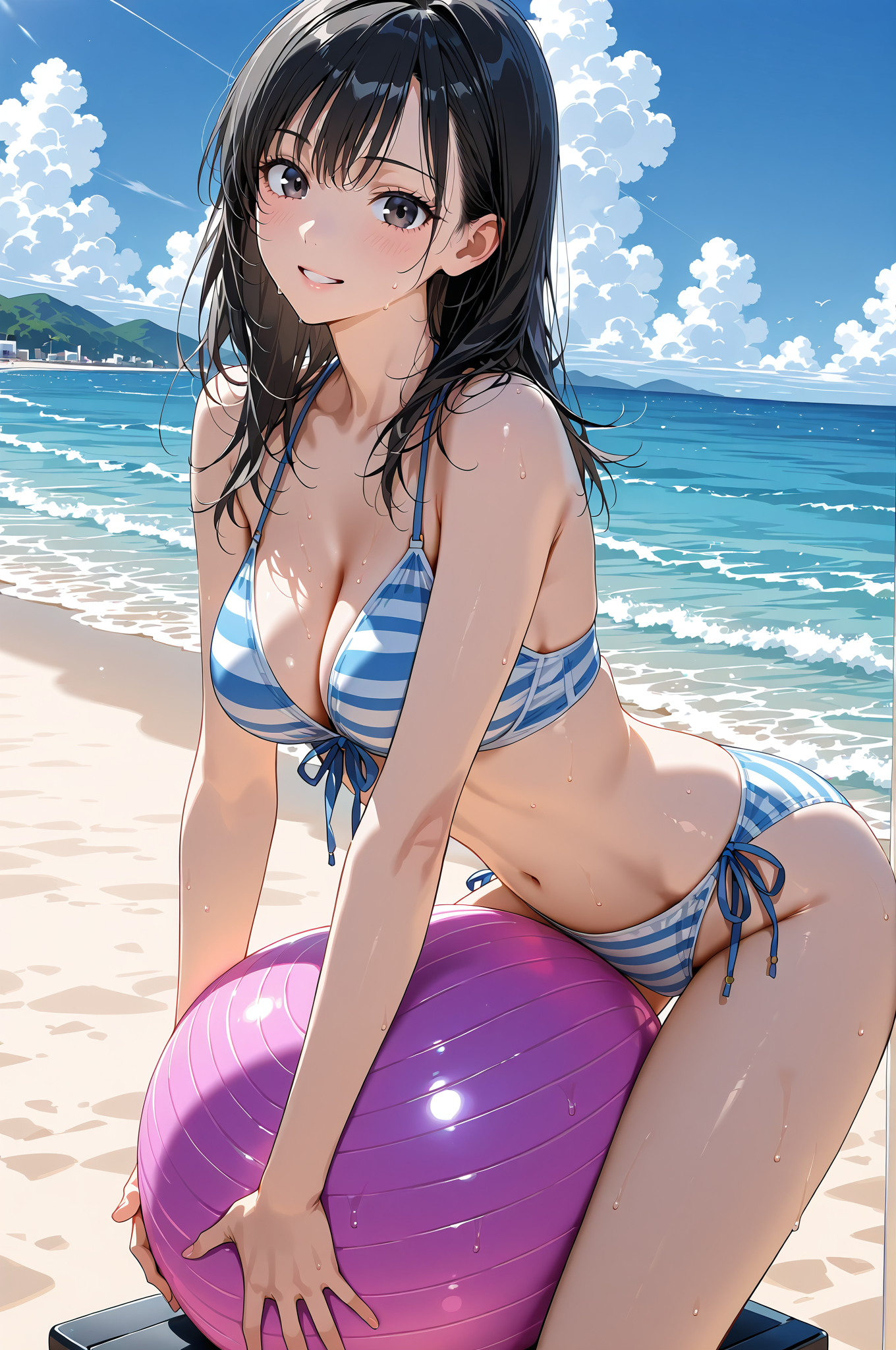 夏空と海辺の笑顔、青白ボーダー水着 #美少女 #夏 #海