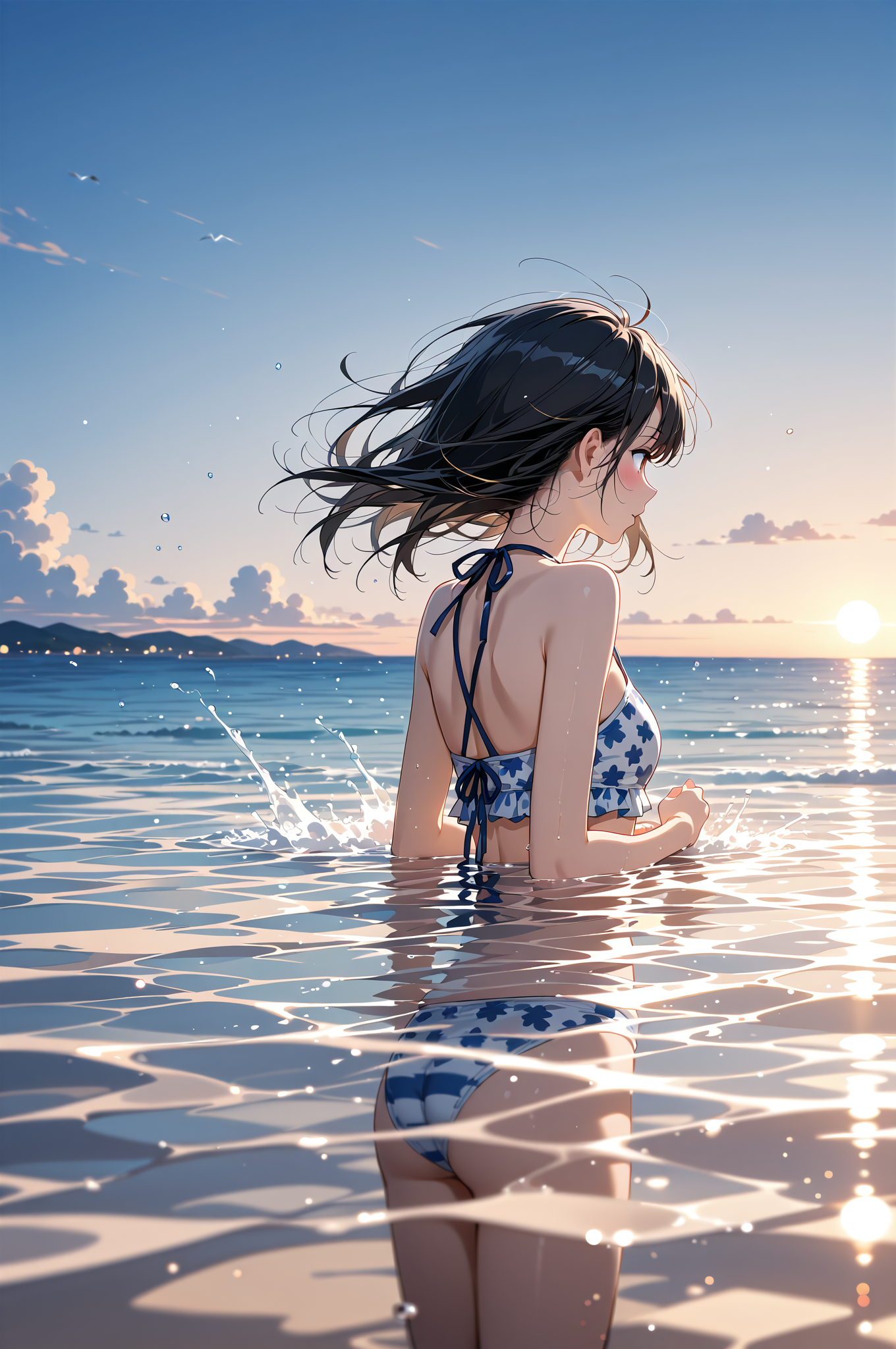 夕焼けの海で振り返る黒髪の少女 #美少女 #屋外 #水