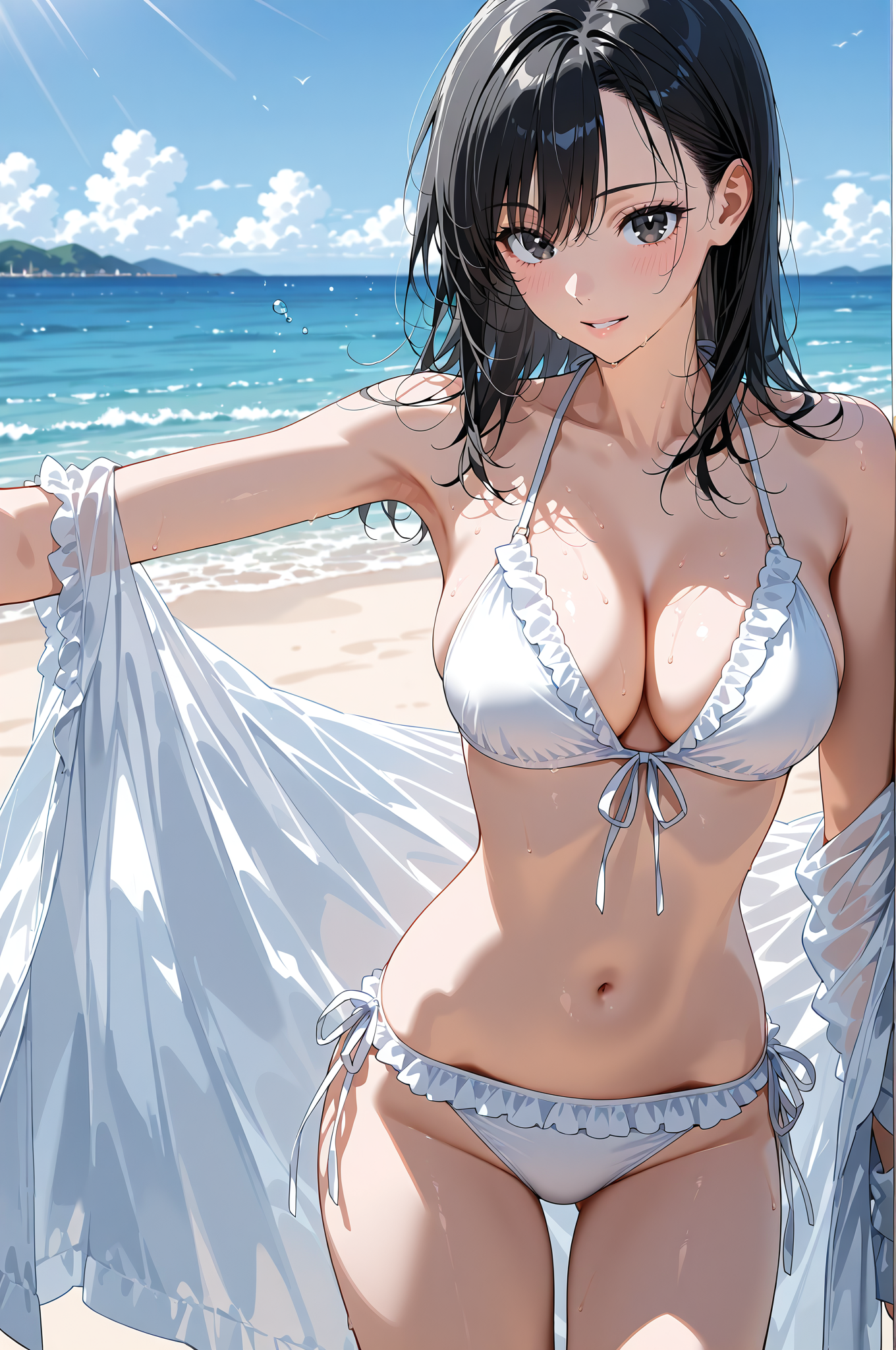 青い海での白ビキニ姿のアニメ調ポートレート #美少女 #水着 #アニメ調