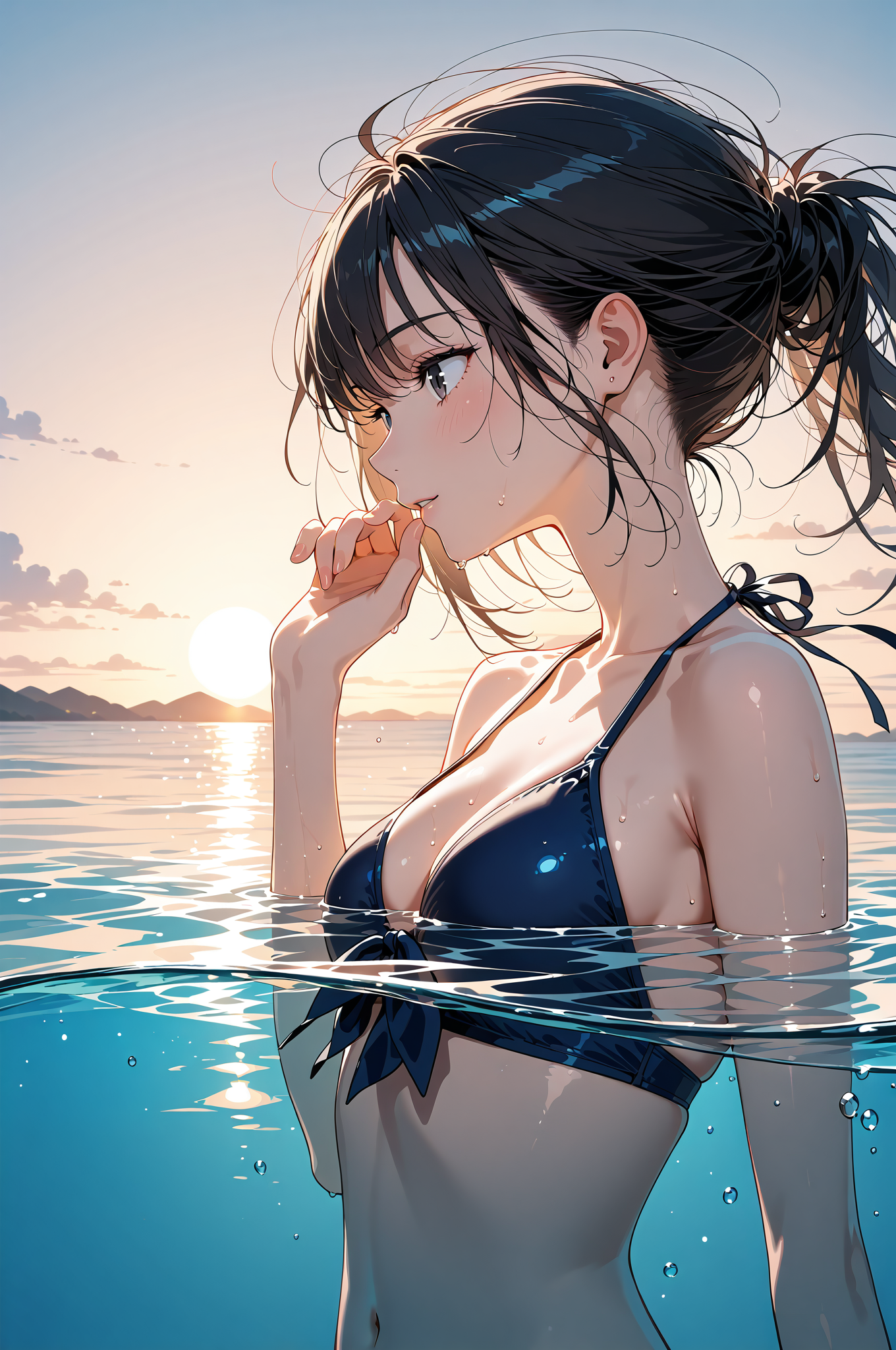 夕焼けの海で微笑む黒髪の少女 #美少女 #アニメ #屋外